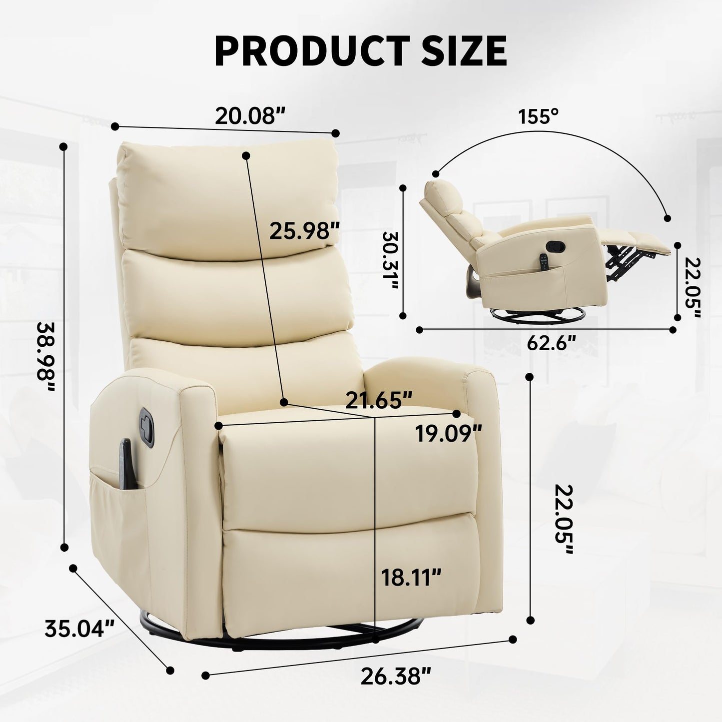 KEIKI 4-in-1 Manual Swivel Rocker Recliner Chair for Home Living Room, Faux Leather Chair with Back Massager & Heat, Home Theater Seating with Lumbar Support, Recliner Office Chairs for Adults, Beige