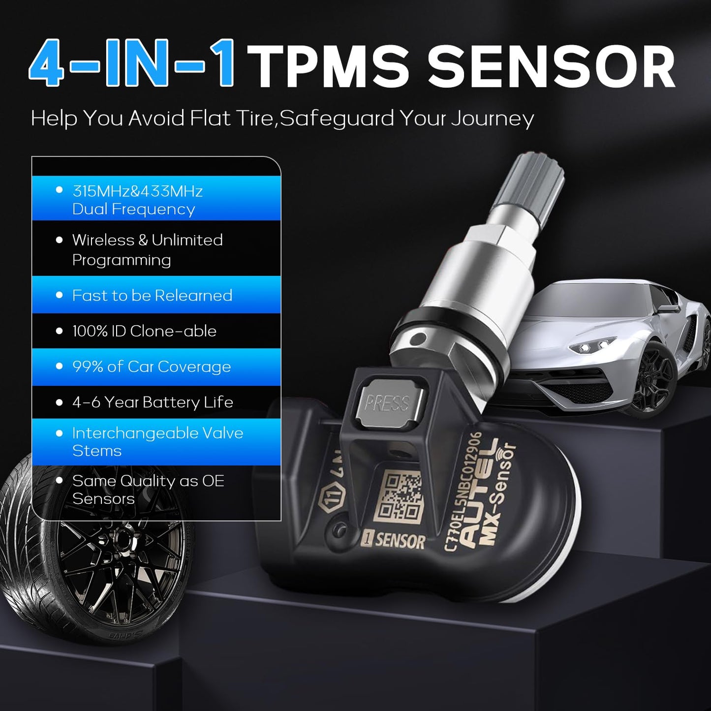 Autel TPMS Sensors 2in1 MX-Sensor 315MHz + 433MHz Press-in Tire Pressure Monitor System Sensor OE-Level TPMS Sensor Programmable by Autel TPMS Tool with TS408 TS508WF TS601, (Metal Stem Set of 16)