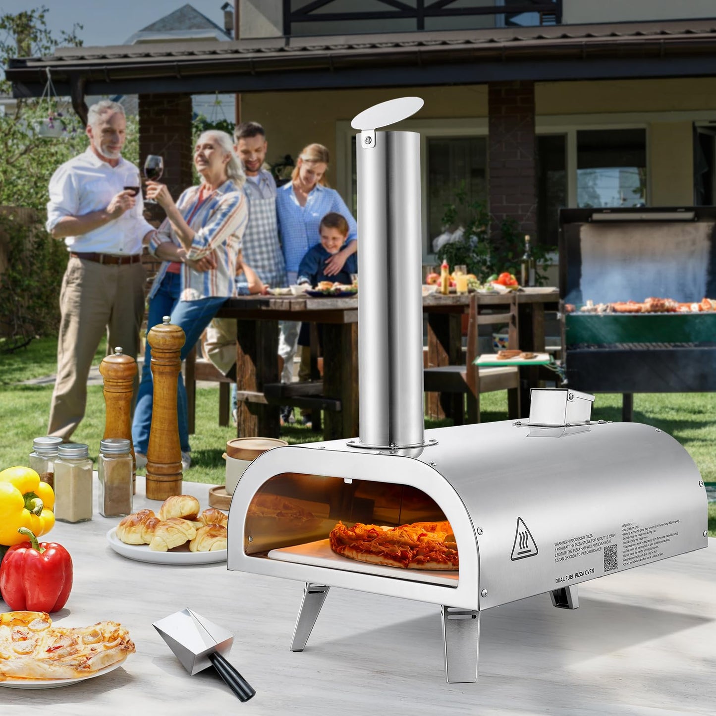 VEVOR Dual Fuel Pizza Oven Outdoor, 12 Inch Wood Fire & Propane Gas Pizza Oven, Pellet & Propane Pizza-Maker with Thermometer, Carry Bag, Stainless Steel Pizza-Cook for Outside Camping & Backyard