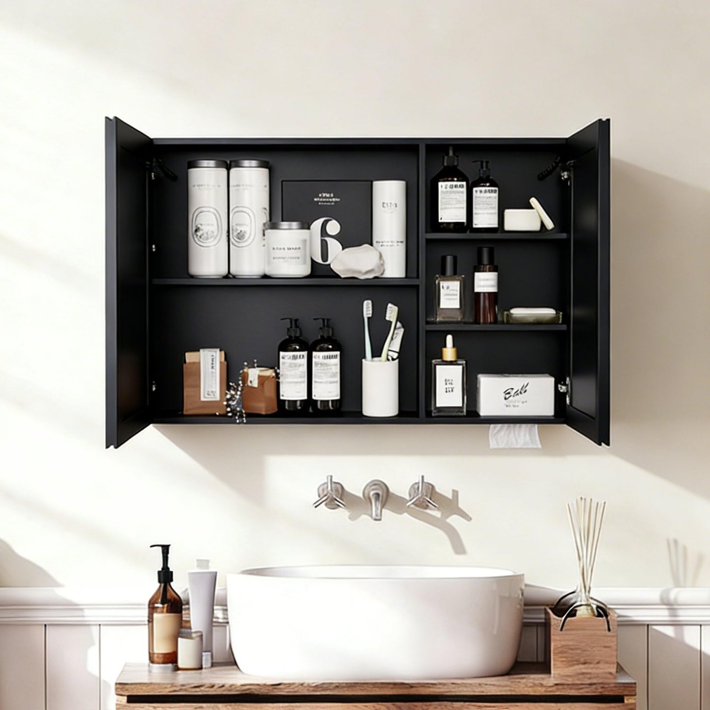 Lighted Medicine Cabinet with Mirror,Wall Mounted Bathroom Mirror with Storage,Anti-Fog,Two-Doors Bathroom Wall Cabinet with LED Lights, Dimmable,Easy to Install,39.37 x 23.62 Inch.