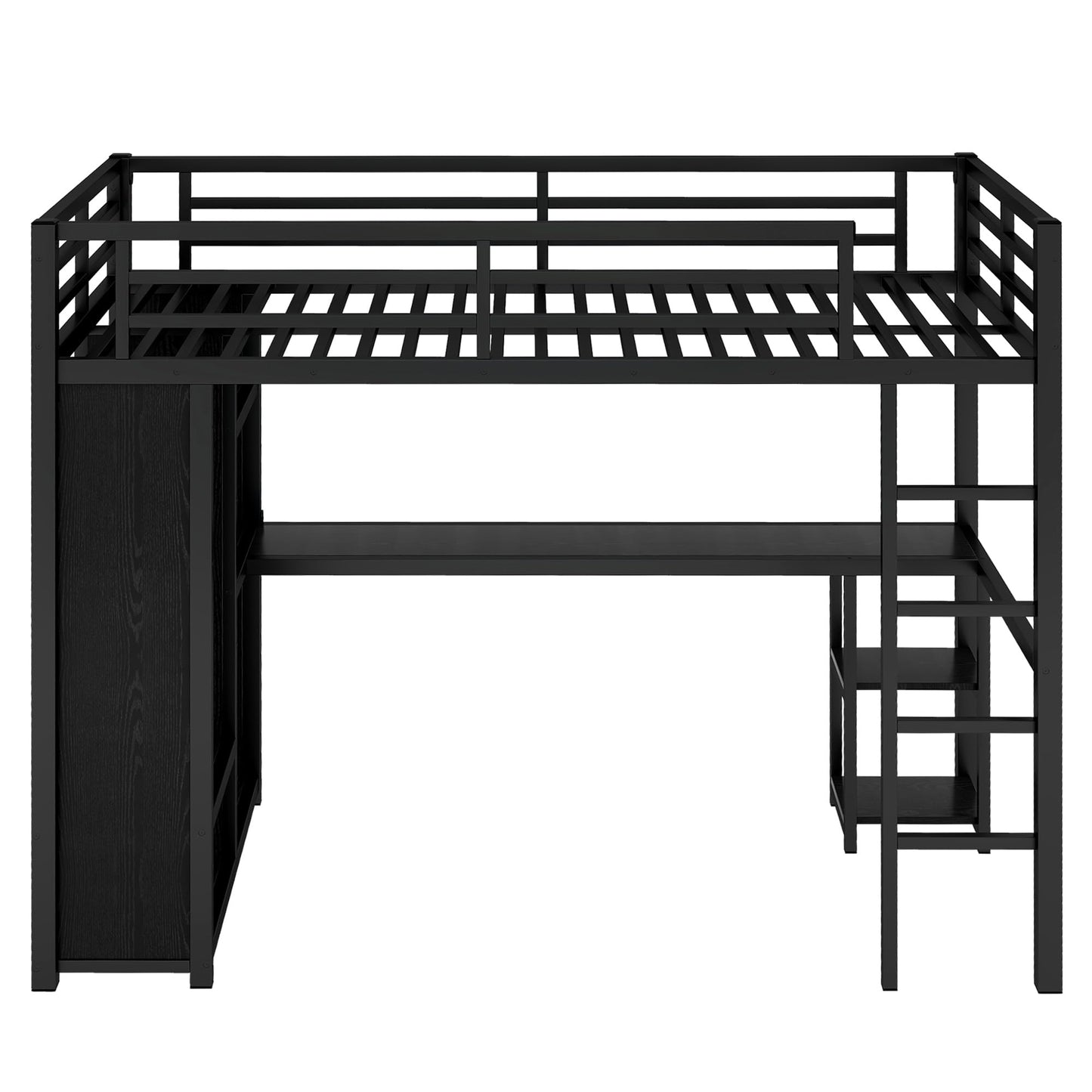 Twin XL Loft Bed with Desk and Storage Shelves, Twin XL Loft Bed with Wardrobe and Hanging Rod, Game Loft Bed with Guardrail and Ladder(Twin XL Balck)