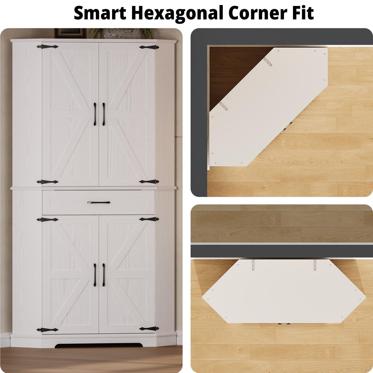 IRONCK 72" Corner Cabinet, Kitchen Pantry Storage Cabinet with Drawer, Spacious Farmhouse Pantry with 3 Adjustable Shelves, 2 Doors Storage, for Kitchen, White