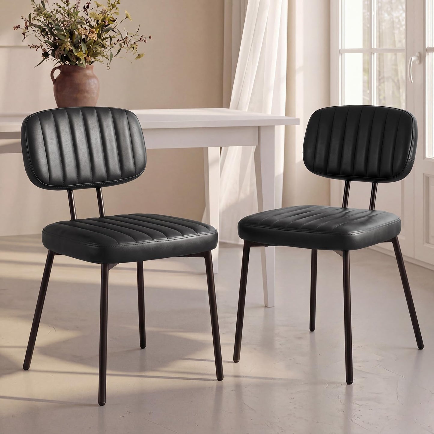 OLIXIS Dining Chairs Set of 6, Modern Upholstered Mid Century Kitchen Chairs with Faux Leather Cushion Seat, Backrest & Metal Legs for Living Room, Bedroom, Home Office, Black