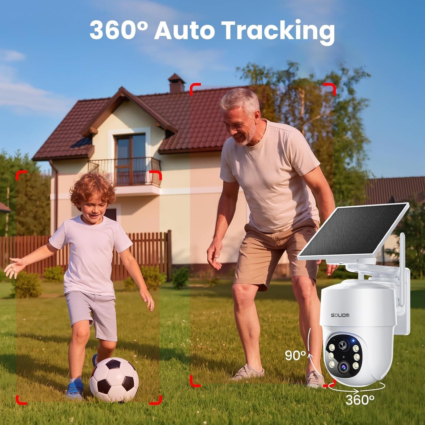 SOLIOM- 5MP Security Cameras Wireless Outdoor, No Subscription & Solar Powered,2-Cam Pack Home Security Camera with 360° Auto Human Motion Tracking, 3K Color Night Vision,5G & 2.4G Router Compatible