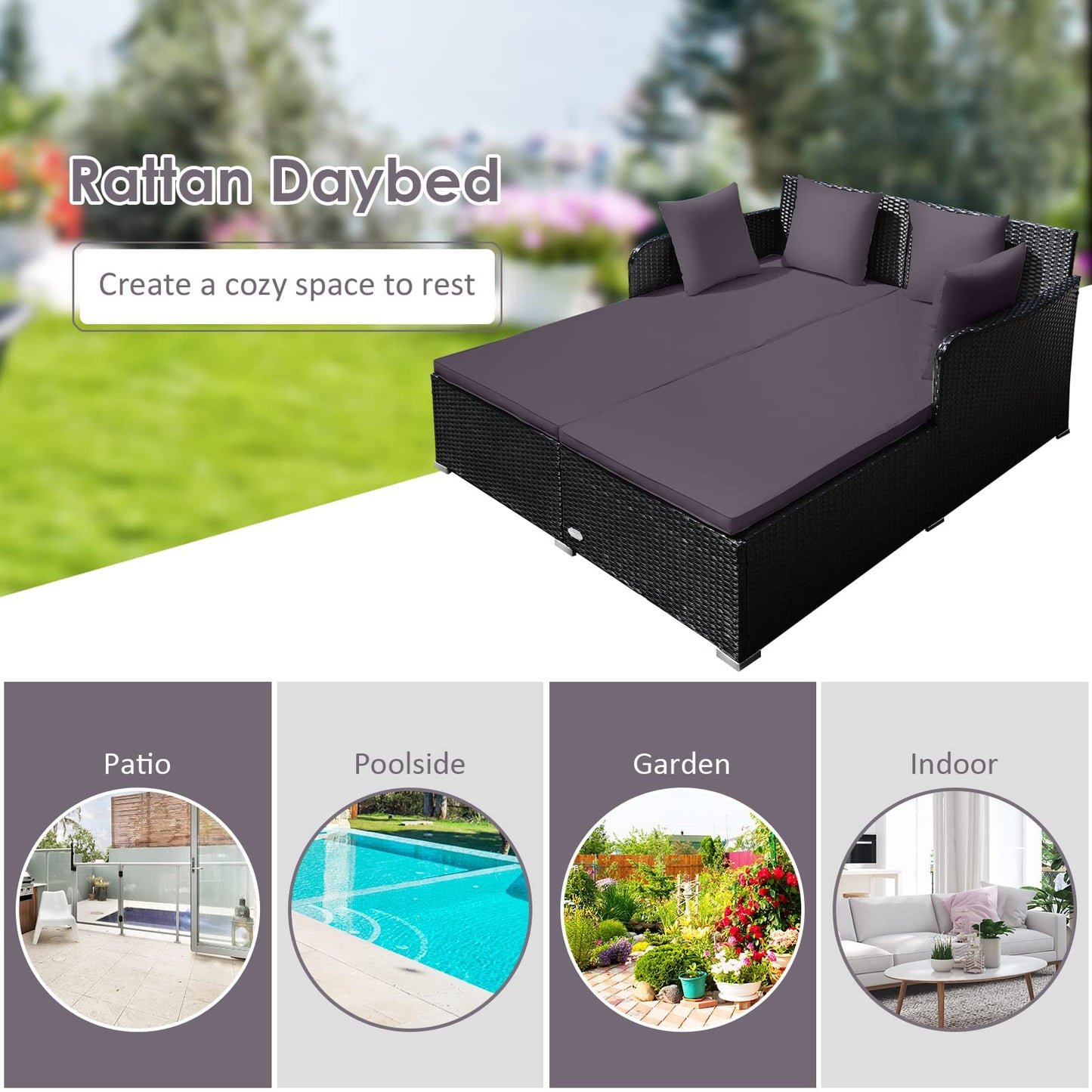 Tangkula Outdoor Rattan Daybed, Sunbed Wicker Furniture w/Spacious Seat, Upholstered Cushion & High-Resilience Sponge, Wicker Patio Sofa Set w/Extra Pillows for Courtyard Poolside (Grey)