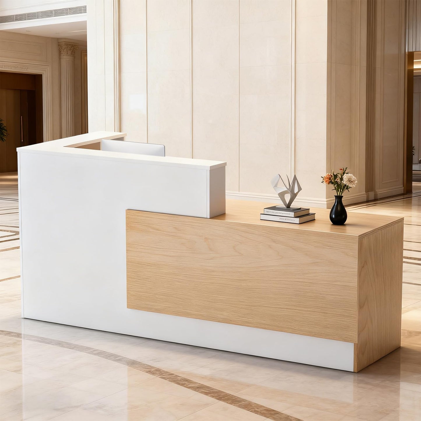 L-Shaped Large Wooden Reception Desk, Modern Front Desk Reception Counter with Lockable Drawers & Storage & Keyboard Tray, for Checkout, Lobby (Left-Natural wood/White, 71''L x 42''W x 41''H)
