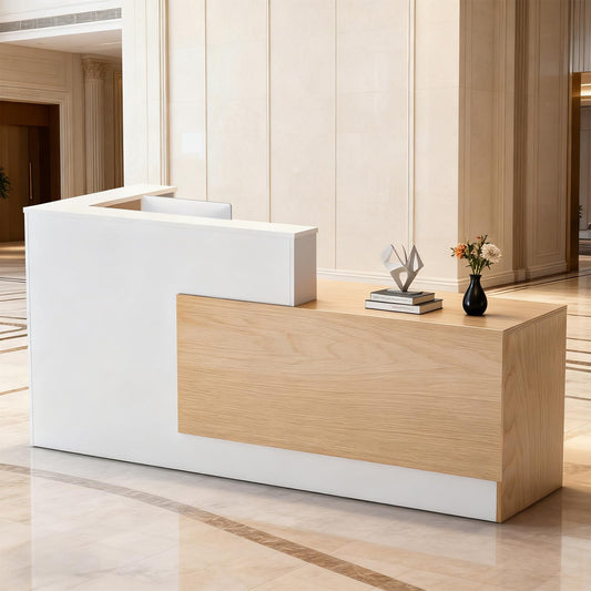 L-Shaped Large Wooden Reception Desk, Modern Front Desk Reception Counter with Lockable Drawers & Storage & Keyboard Tray, for Checkout, Lobby (Left-Natural wood/White, 71''L x 42''W x 41''H)