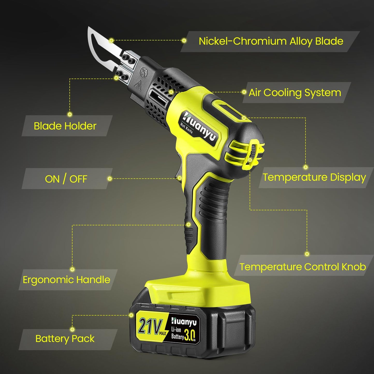 Huanyu Cordless Hot Knife with Temp. Display 100W Max 500℃ 3.0Ah Battery Powered Air Cooling Cutting Tool 4 Blades Set Electric Hot Knife Foam Cutting Tool Craft Shears for Rope, Fabric, Acrylic
