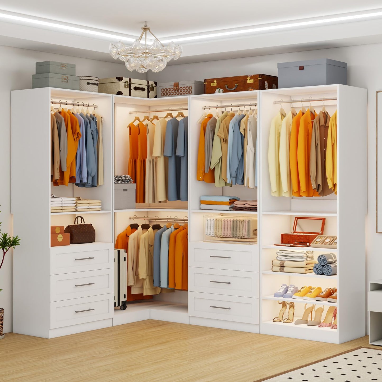 Secilix Closet System with 6 Wooden Drawers, 4.5-21.6FT L-Shaped Corner Organizer Systems with 6 Shelves & 9 Hanging Rods, Modular Closet Storage System for Walk in Closet, 2800+ Lbs Capacity,4 Sets
