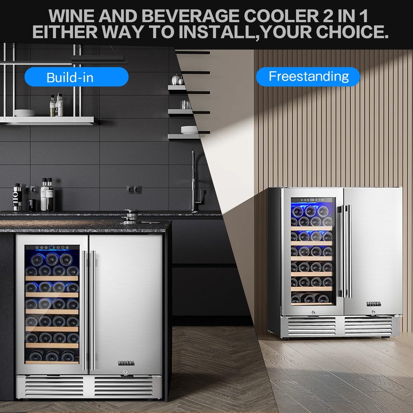 BODEGA 30 Inch Wine and Beverage Refrigerator Free Standing. Dual Zone Stainless Steel Wine Fridge under Counter, Drink Cooler for Beer, Soda, Champagne, Holds 110 Cans and 31 Bottles, Silver