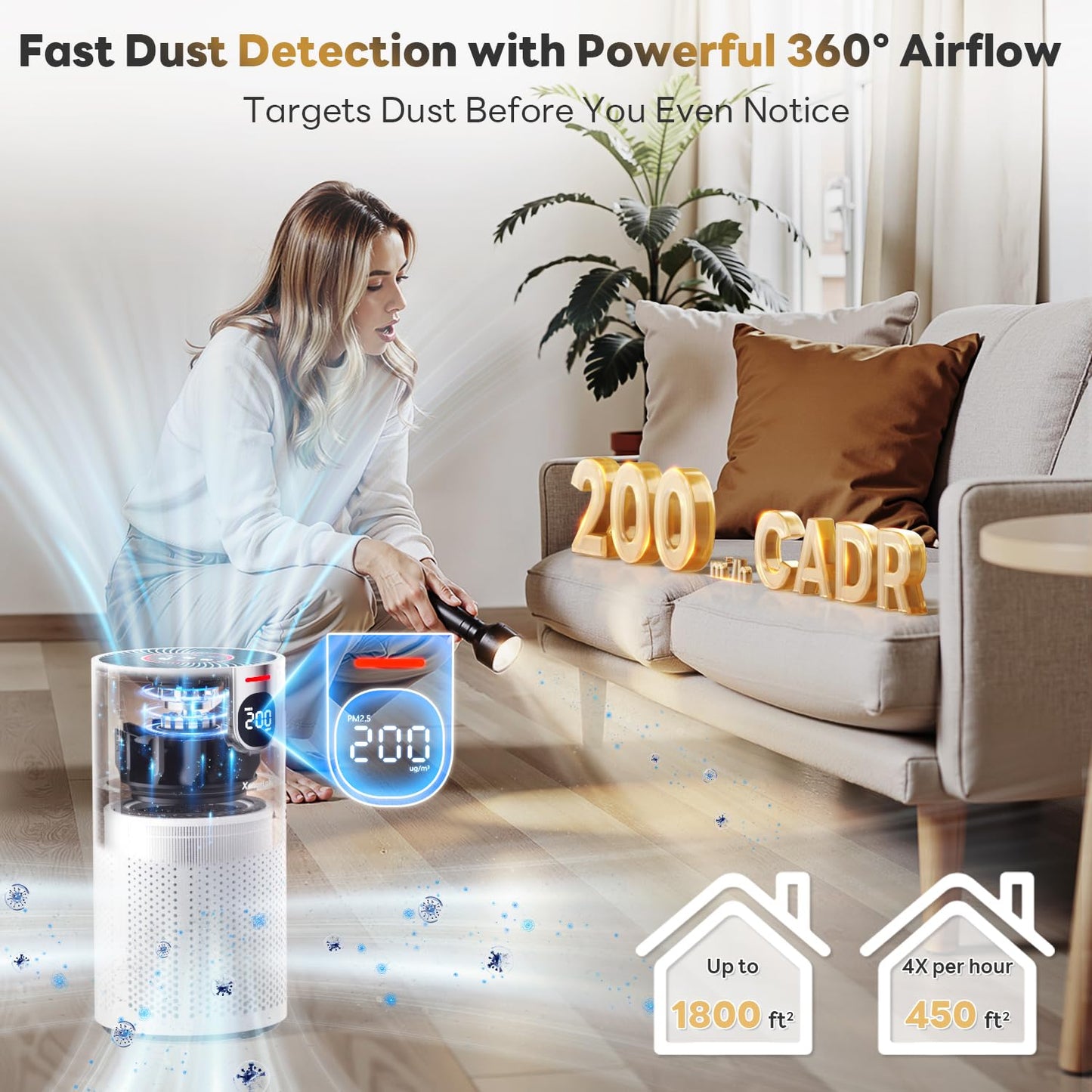 FreAire Air Purifiers for Home Large Room Covers up to 1800Ft², VisionAir 20dB Sleep Mode for Bedroom, with Real-Time AQI & PM2.5 Display,360°Intake&Outlet Air Cleaner Pet-Friendly HEPA,HAP606,White