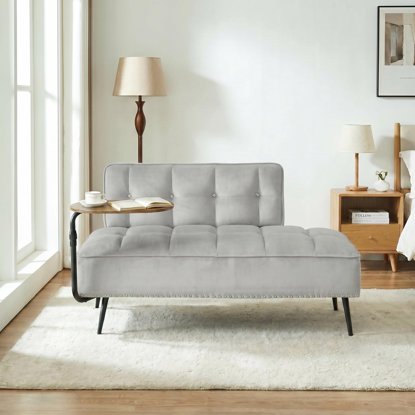 Trygoal Velvet Loveseat Sofa Couch, Futon Sofa Couch with 360° Swivel Side Table, Small Couches with Backrest and Foam Cushion for Small Spaces, Entryway Bench, Apartment, Bedroom, Gray