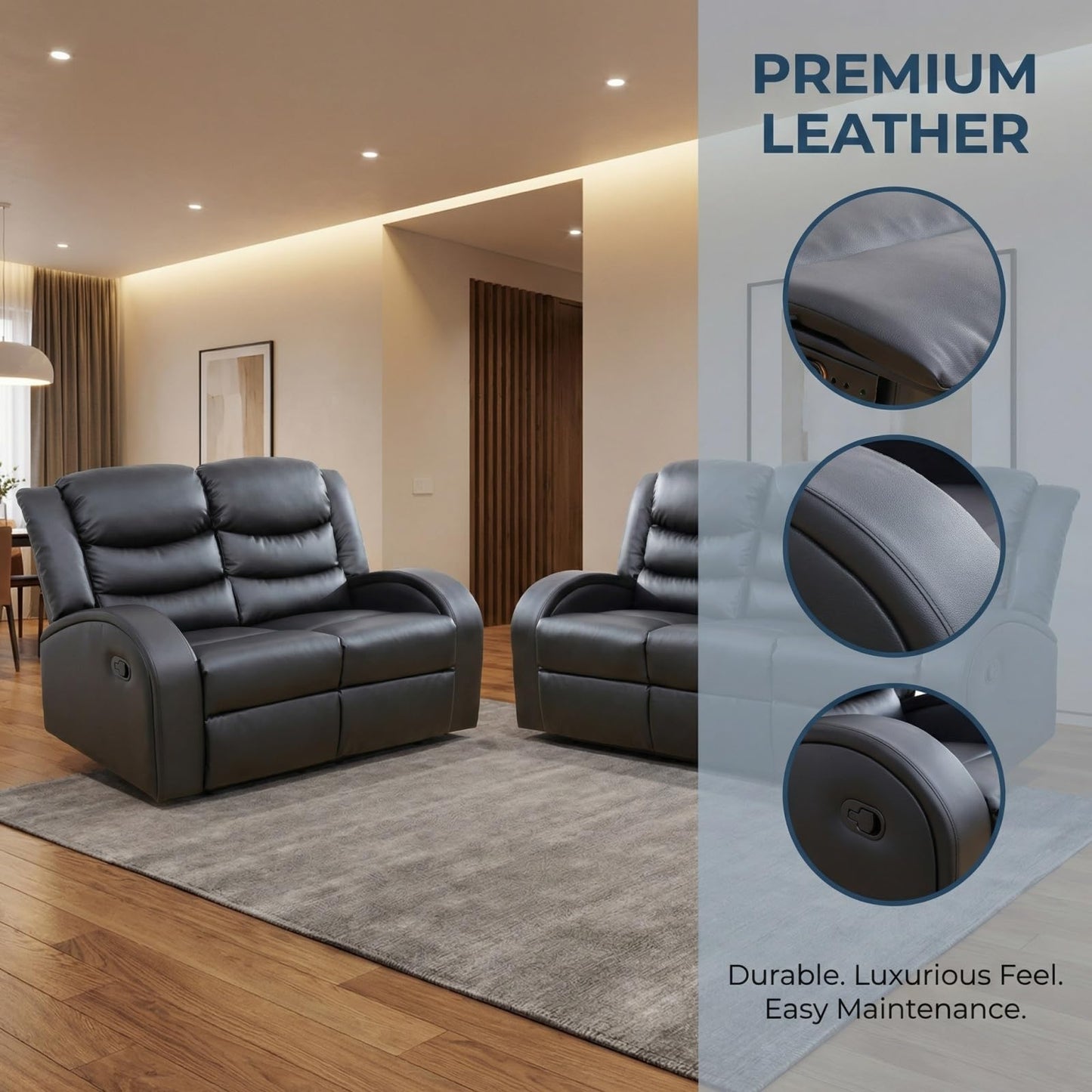 Trygoal Manual Recliner Sofa Set, Leather Reclining Living Room Furniture Set, Adjustable Backrest Reclining Loveseat Sofa and a 3 Seater Couch Furniture Set for Living Room, Home Theater, Black