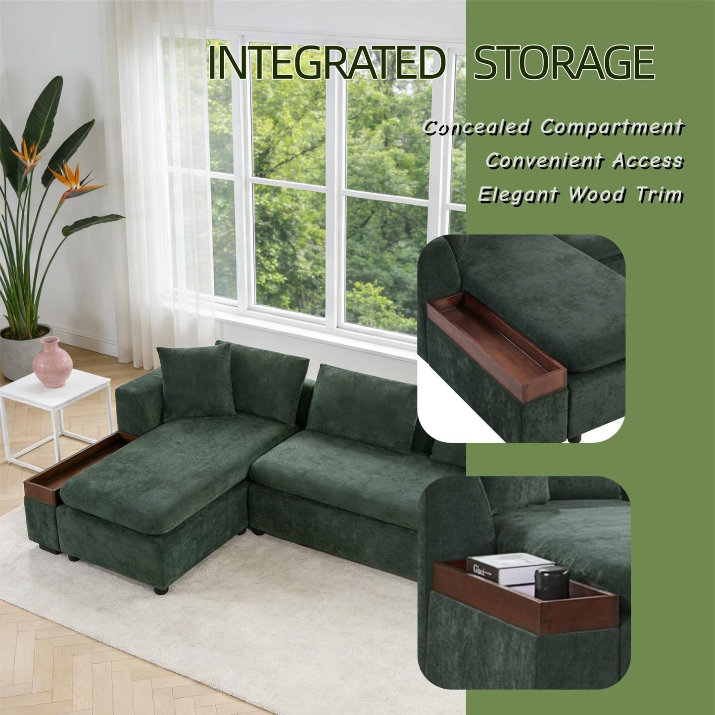 Trygoal 93.7" L-Shaped Sectional Sofa with Storage Chaise, Modern Couch for Living Room, Chenille Upholstered Couch with Deep Seats & Throw Pillows, Modern Corner Sofa for Living Room, Green