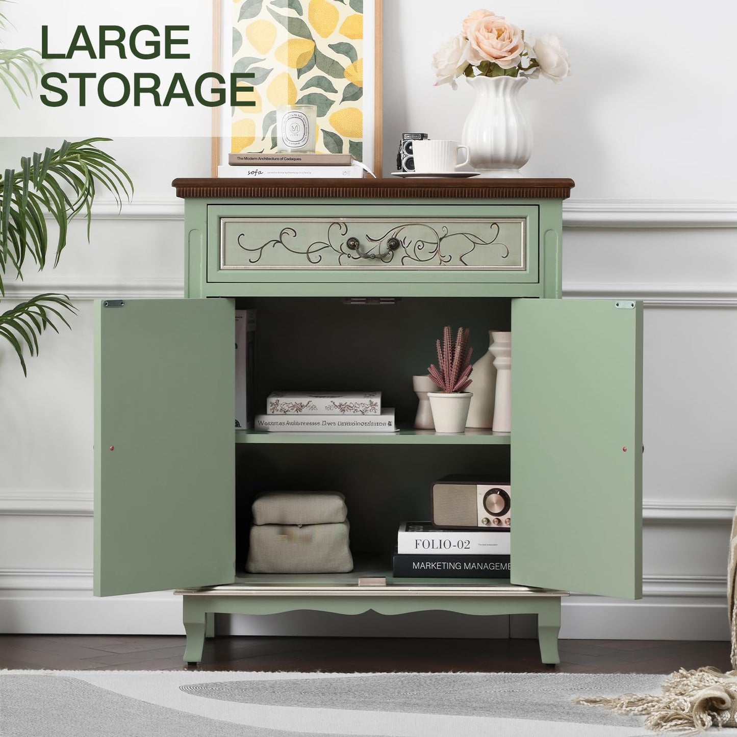 Ahokua Sage Green Accent Cabinet with Drawer and Textured Doors, Farmhouse Storage Cabinet with Adjustable Shelf, French Country Entryway Cabinet for Living Room, Hallway and Dining Room