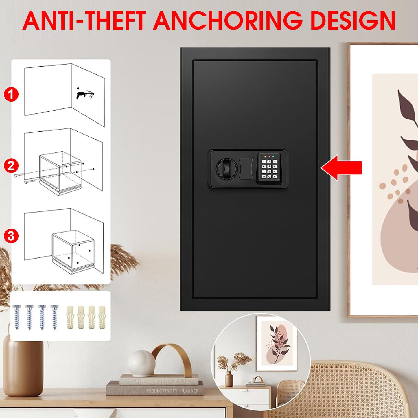 6.0 Cub Large Home Safes Fire and Waterproof, Anti-theft Fire Proof Safe Box with Digital Keypad, Key Lock and 3 Removable Shelves, Security Safes Fireproof Waterproof for Home Document Valuables