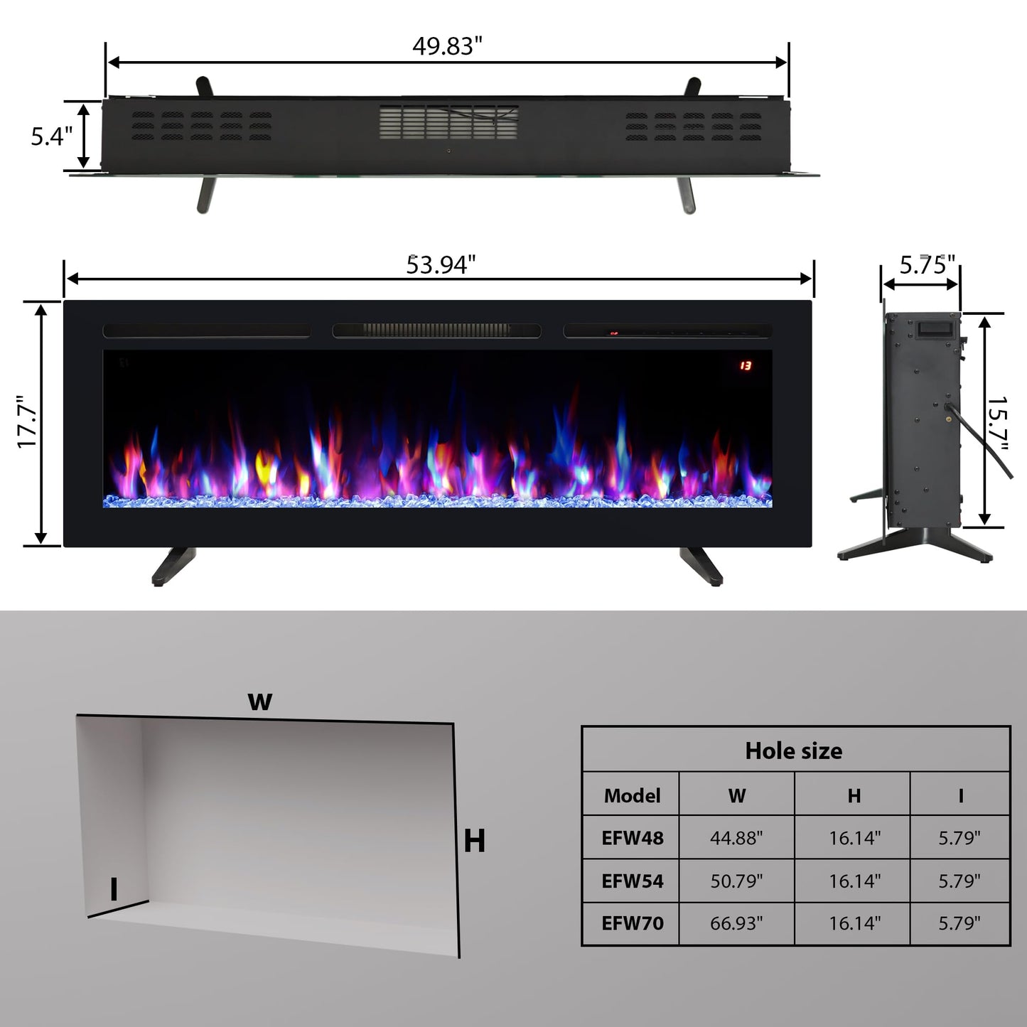 Kentsky 54" Electric Fireplace, Recessed, Wall Mounted and Freestanding Fireplace Heater, Adjustable Flame Color, Speed & Brightness, Thermostat, 9H Timer, Child Lock
