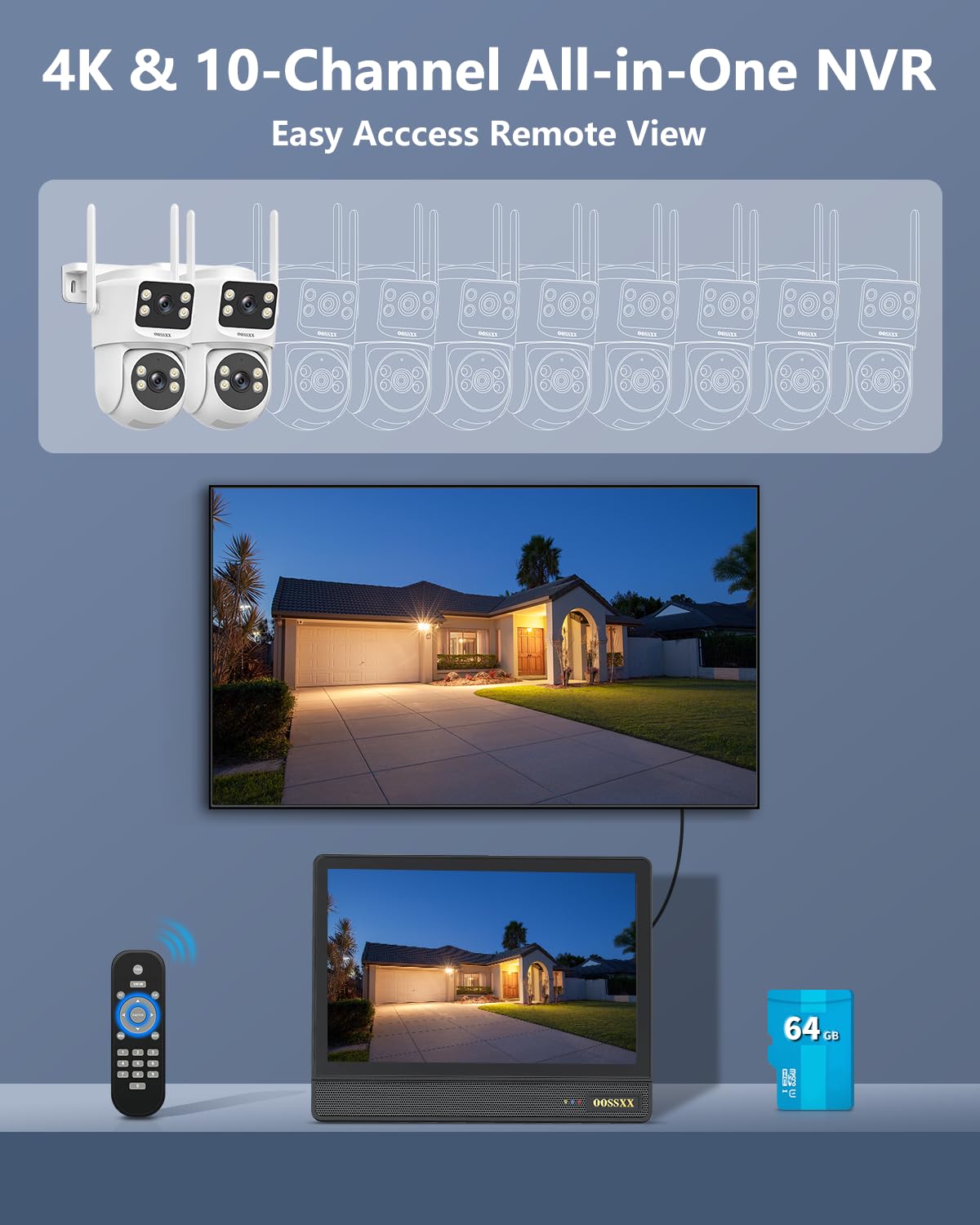 (2026 New) 2K Wireless Security Camera System with 10" Monitor, Dual Lens PT Cameras, 64GB TF Card, 130° Wide Angle, Long Range WiFi +76%, PIR Detection, 2-Way Audio, No Monthly Fee