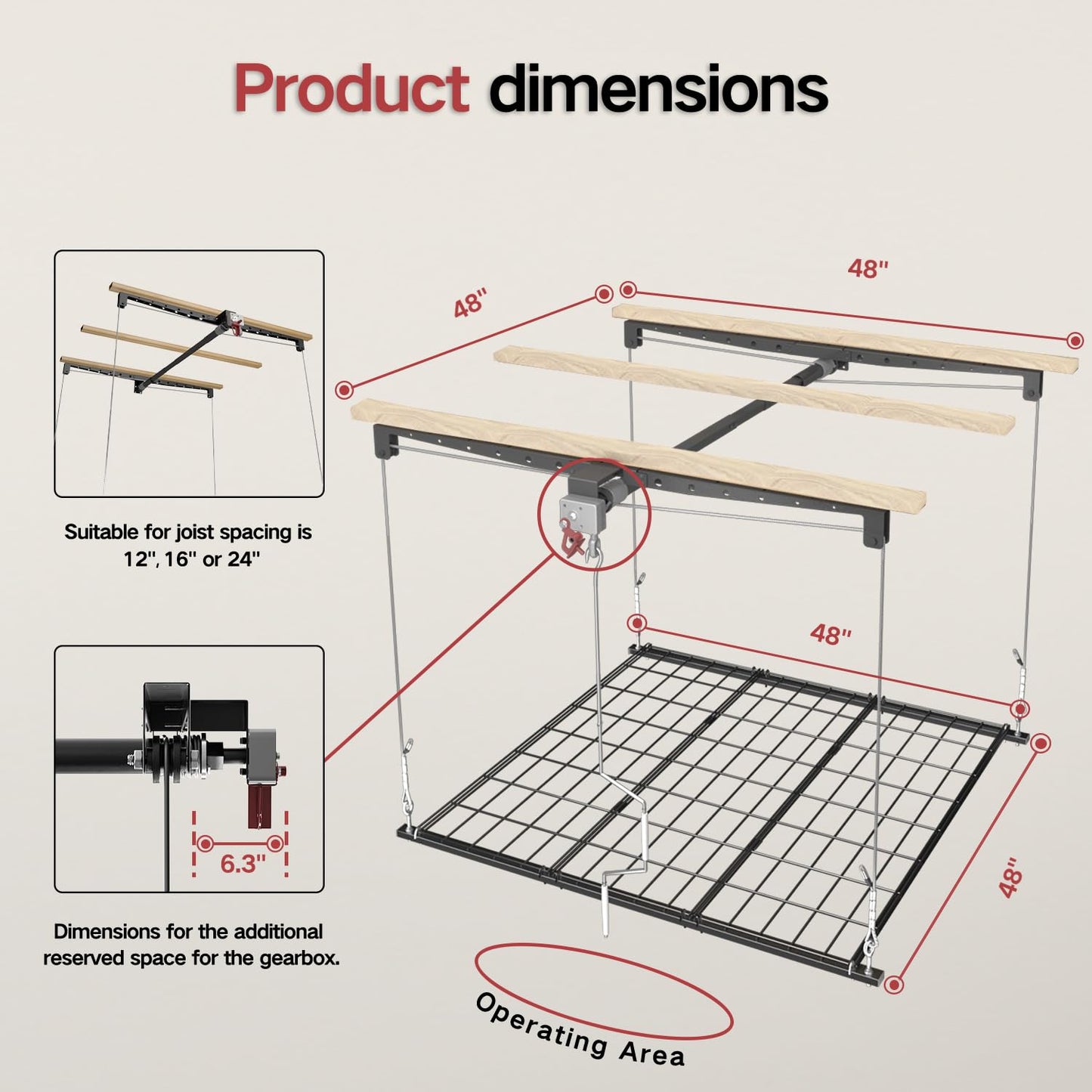 Overhead Garage Storage Rack for 8-10 FT Ceiling, Heavy-duty 4x4 FT Ceiling Storage Racks with Safety Lock, Ideal for Garage Storage Mounted Lift System and Storage Organizer, 250lb Capacity