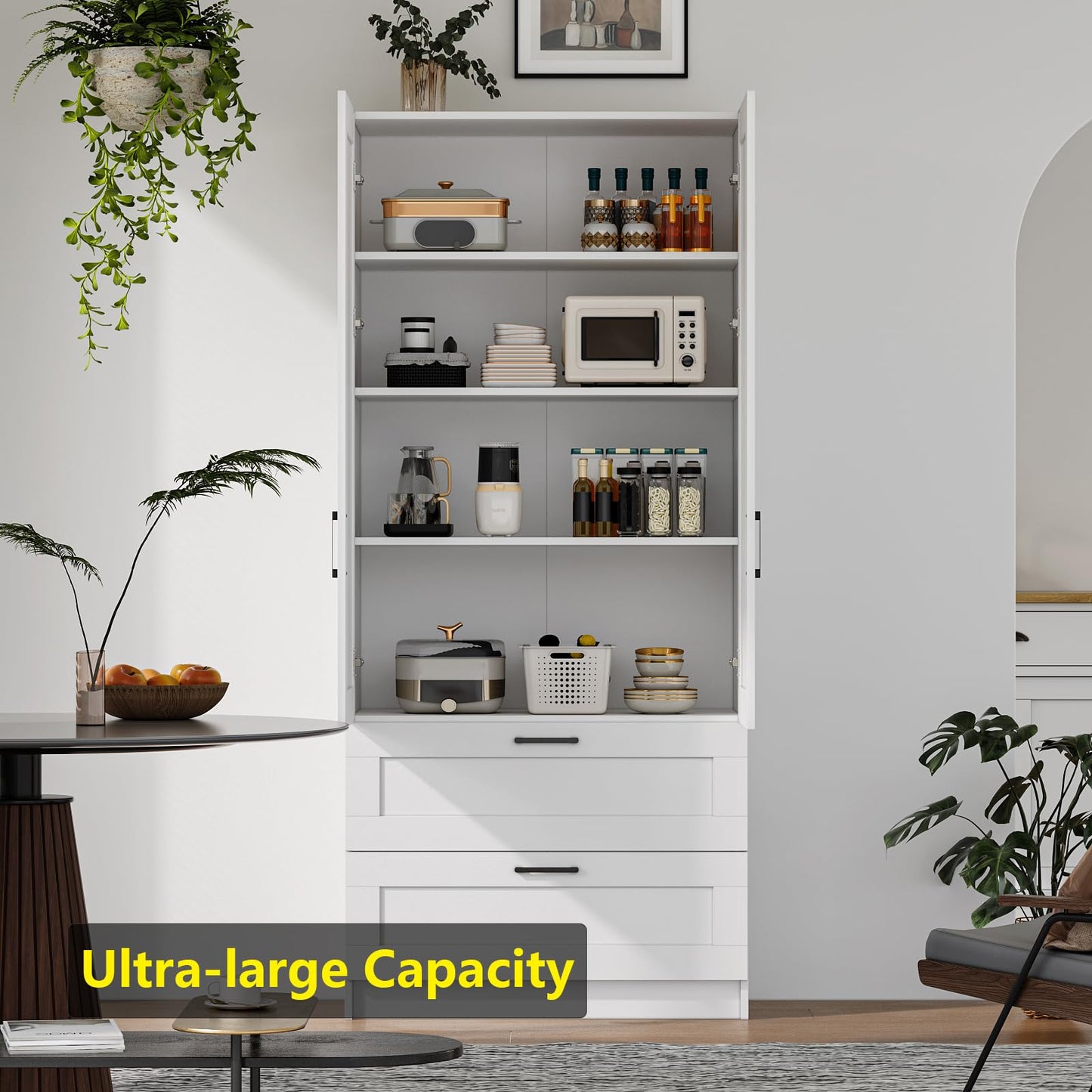 White Tall Kitchen Pantry Cabinet Organizers and Storage with Doors and Drawer and Adjustable Shelves，Wood Large Gabinetes Para Cocina Office Bookshelf for Laundry Room Cabinets (31.5”W*15.7”D*71”H)
