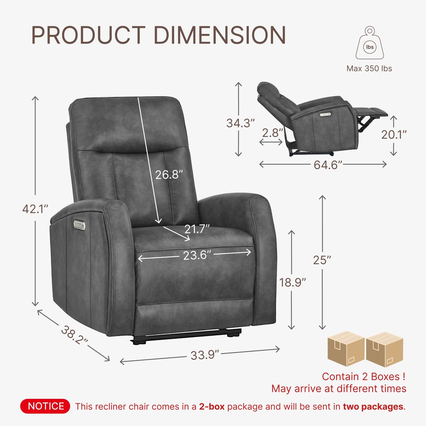 KISLOT Wall Hugger Power Recliner Chair with USB & Type-C Ports Faux Leather Recliner 135° Reclining Small Space Electric Sofa for RV Living Room Bedroom