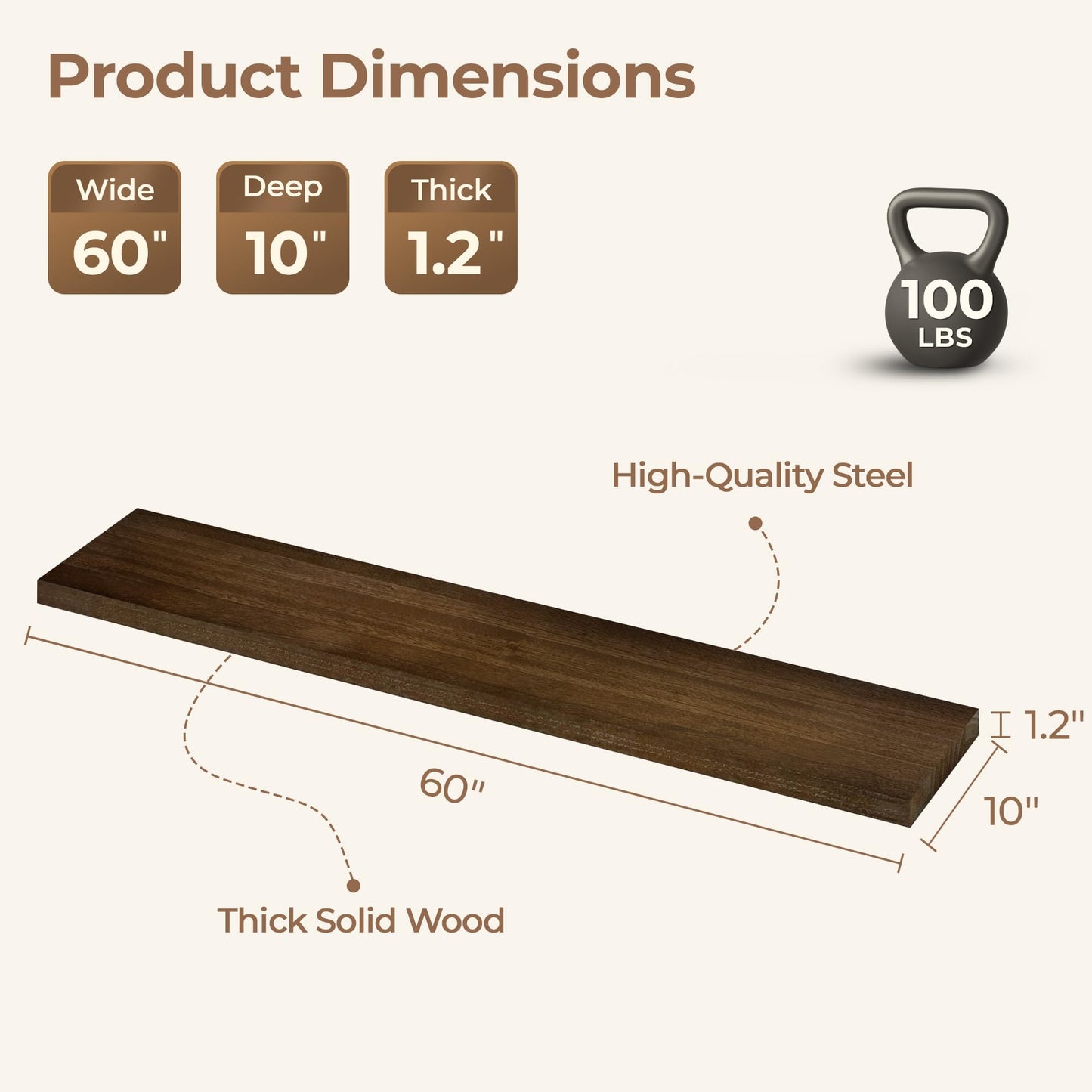 ONOTETUT 60 Inch Long Wall Shelves,Long Floating Shelf for Wall Set of 3,Walnut Large Wall Mounted Shelves with Metal Brackets,Farmhouse Bookshelf Shelves for Office