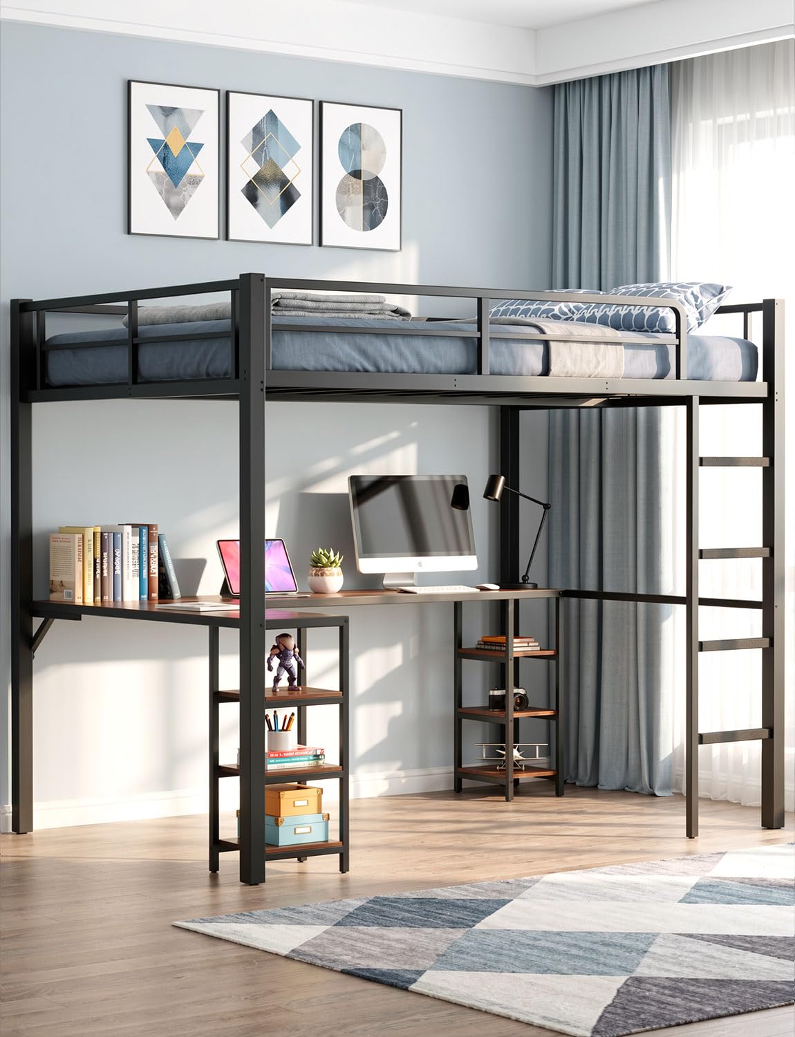 Feetice Full Size Loft Bed with Desk, Metal Frame with Shelves and Clothes Rack, Anti-Tilt Design & 12" Safety Rail, Space-Saving Loft Bed for Teens, Black