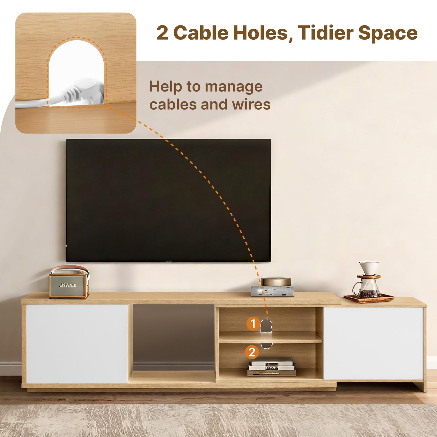 KISLOT Extendable TV Stand for TVs up to 90",Modern Entertainment Center with Adjustable Shelf,Television Stand with 2 Storage Cabinets,Wooden TV Media Console for Living Room Bedroom Natural Oak