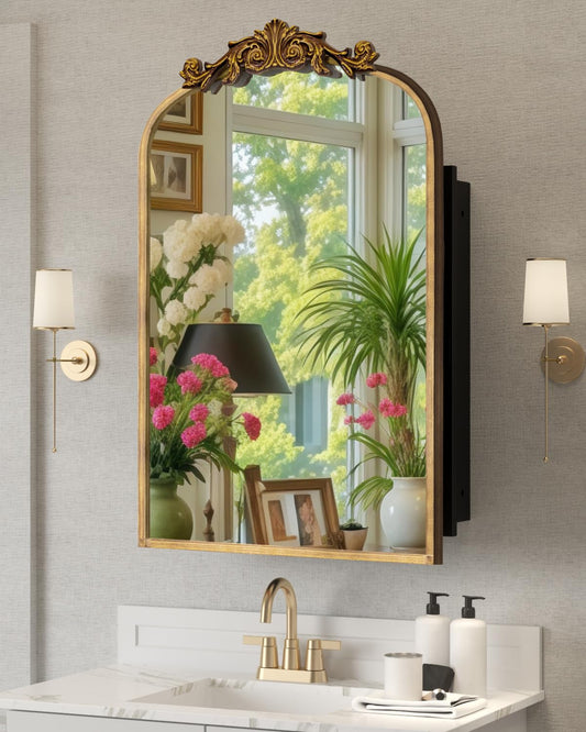 20"x30" Vintage Bathroom Medicine Cabinet with Mirror, Retro Hand-Painted Flower Art Decor, Arched Aluminum Frame Medicine Cabinets Recessed / Wall Mounted, 2 Stable & Removable Shelves, 1 Organizer