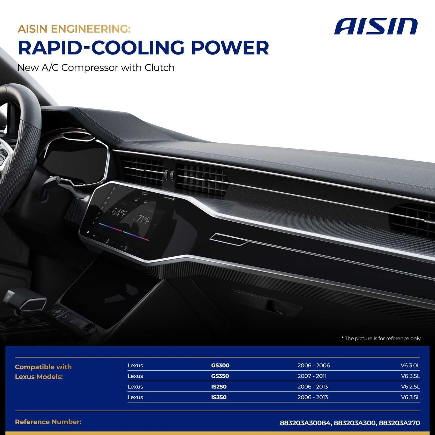 AISIN AFTERMARKET ACCT-00483 Air Conditioner AC Compressor - Compatible with Lexus IS350 2006-2013 3.5L, IS250 2006-2013 2.5L, GS300 2006 3.0L, GS350 2007-2011 3.5L - with 7-Pulley Groove, with Clutch