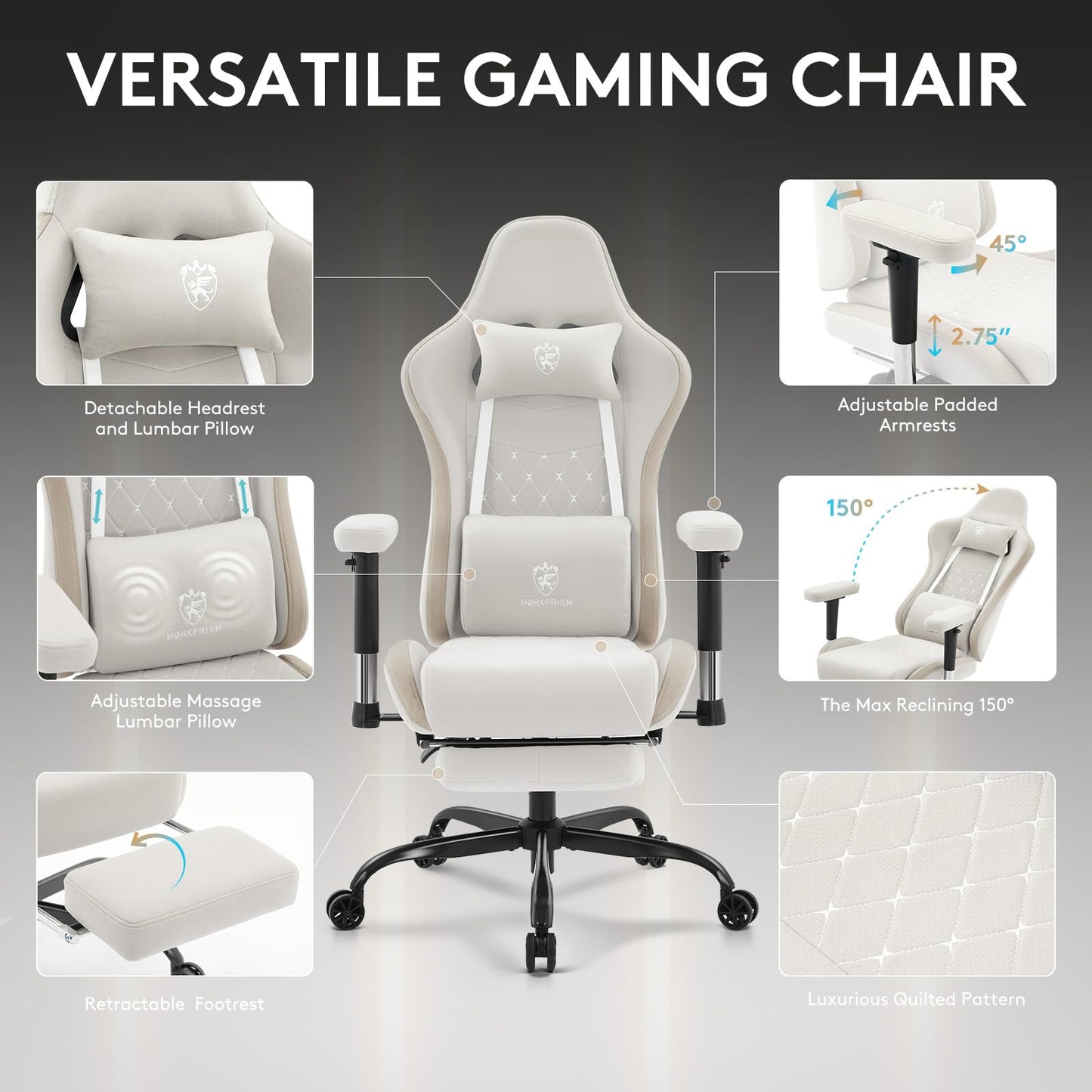 Morkprism Gaming Chair Breathable Fabric,Computer Office Chair with Footrest,Massage Lumbar Support and Gel Pad,Ergonomic Reclining Gamer Chair with Adjustable Armrests and Spring Cushion Beige