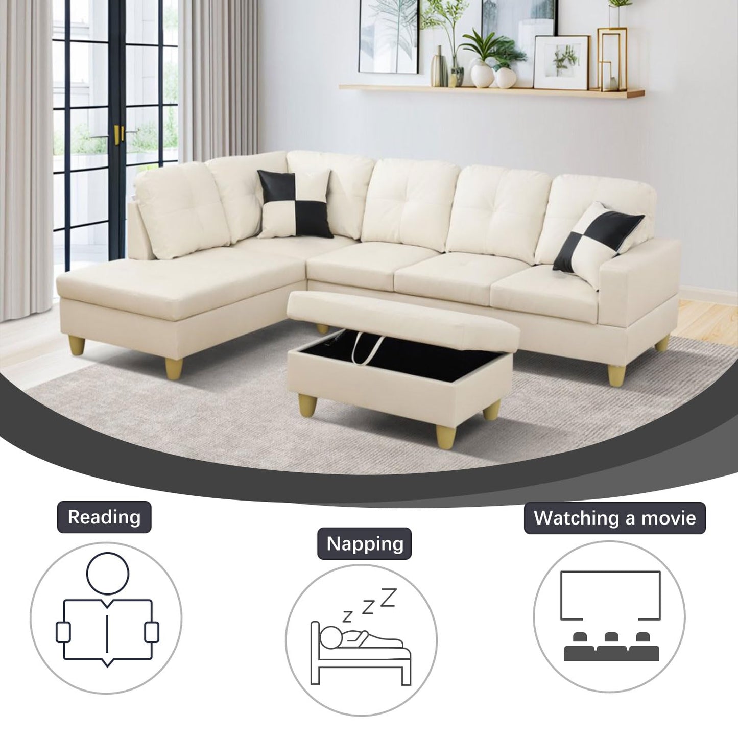 UOCFYK White L-Shaped 3-Piece Faux Leather Sofa with Storage Ottoman Set, Sectional Couch Leather-Like Sofa Set for Living Room, Office, Small Space