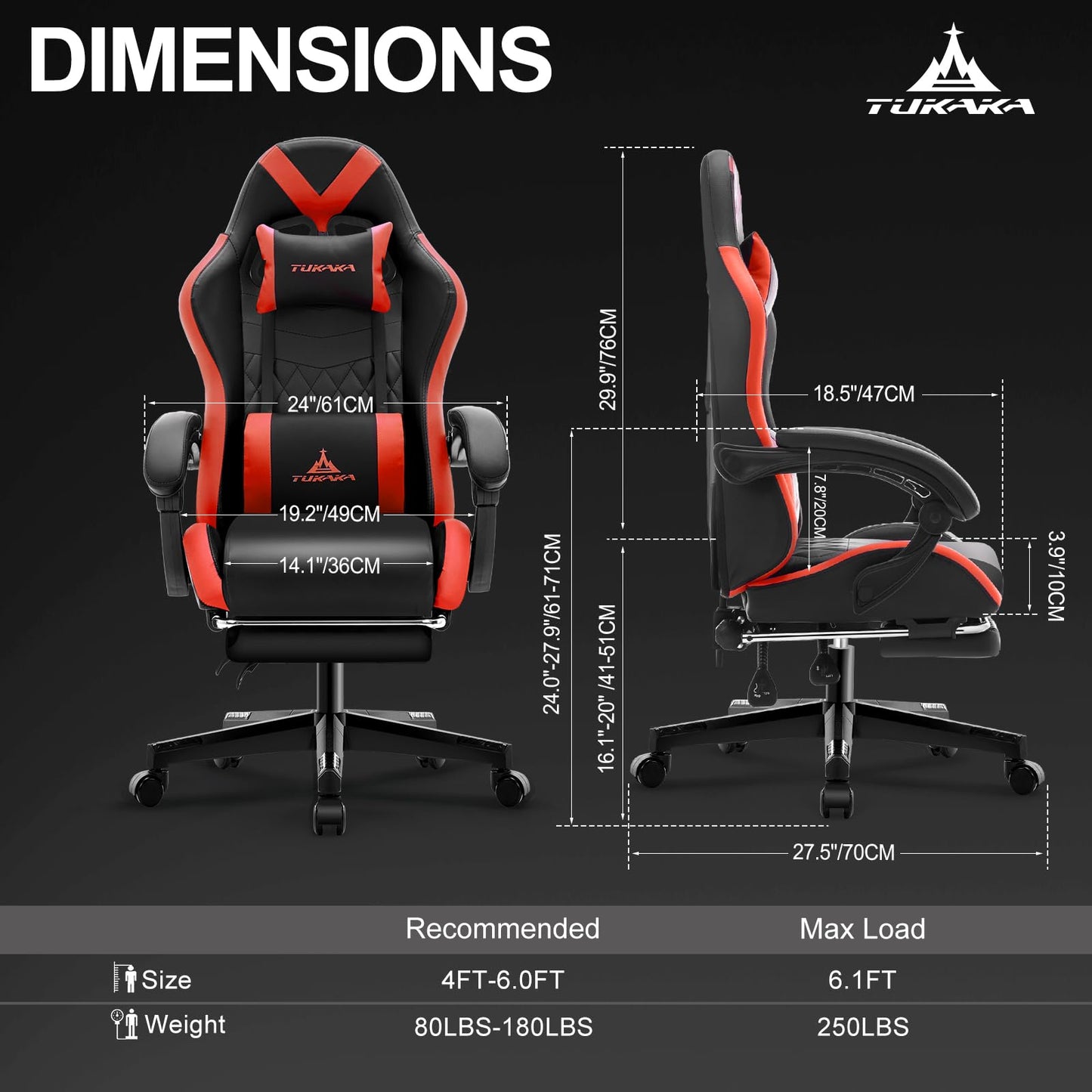 TUKAKA Gaming Chair,Ergonomic Massage Computer Office Desk Chair with Footrest,Pocket Spring Cushion,Reclining Leather Adjustable Gamer Chair with Headrest and Lumbar Support,Red