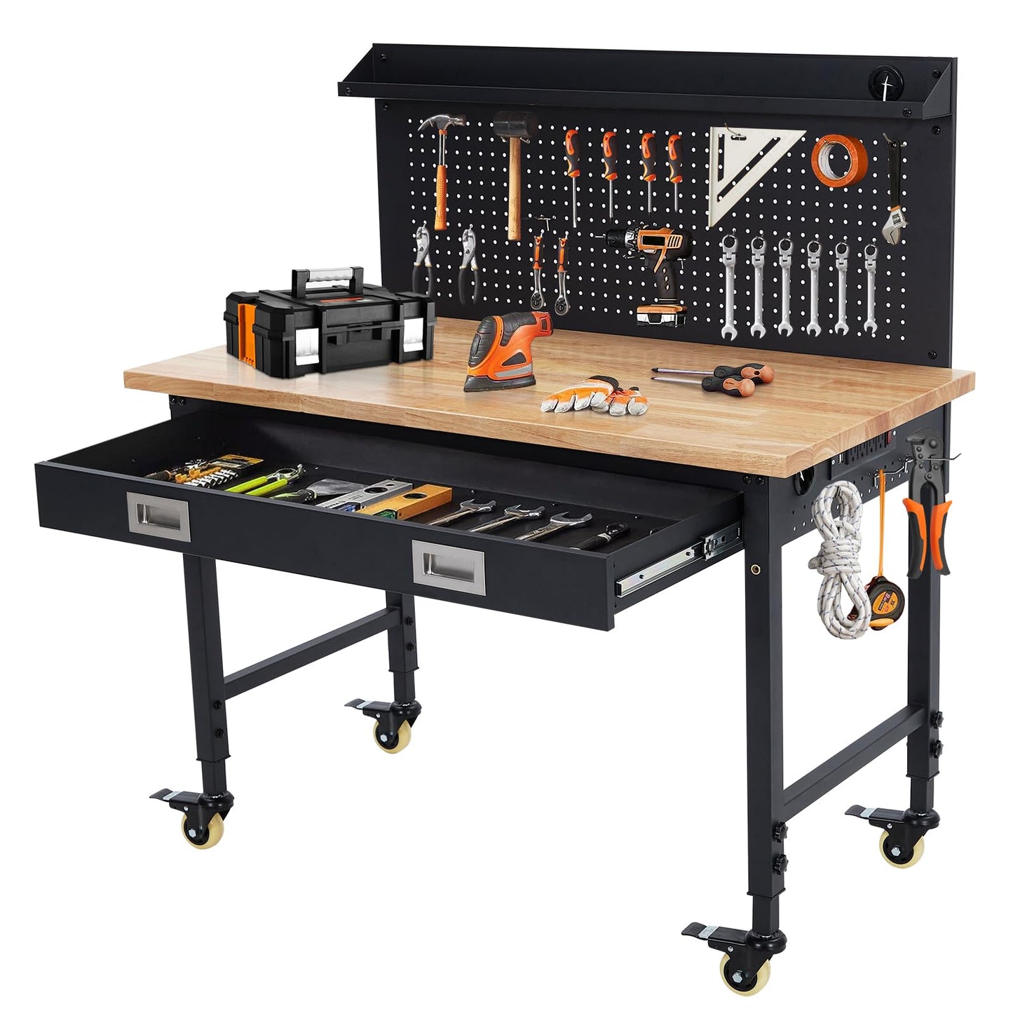 ACONEE 48" Workbench Heavy Duty, Adjustable Height Workstation with Drawer Storage, Backplate, 2000 LB Load Capacity, Multipurpose Rubber Wood Shop Table with Power Outlets, Hooks, Garage Storage