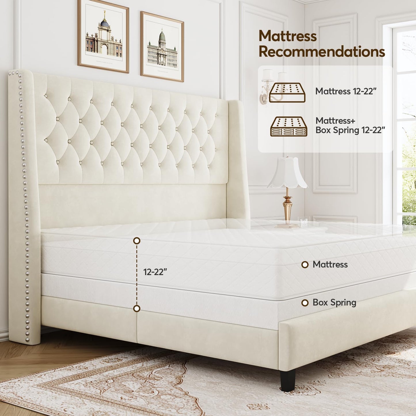 SEREINEY Queen Bed Frame with 55" Tall Headboard, Upholstered Bed Frames, Soft Fabric, Button Tufted Headboard with Windback, Platform Bed, Noise-Free, No Box Spring Needed, Beige