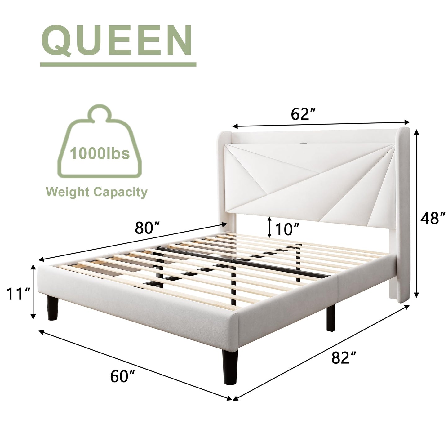 Feonase Queen Size Bed Frame with Charging Station, Velvet Upholstered Platform Bed Frame with Wingback Storage Headboard, Solid Wood Slats Support, No Box Spring Needed, Noise Free, White