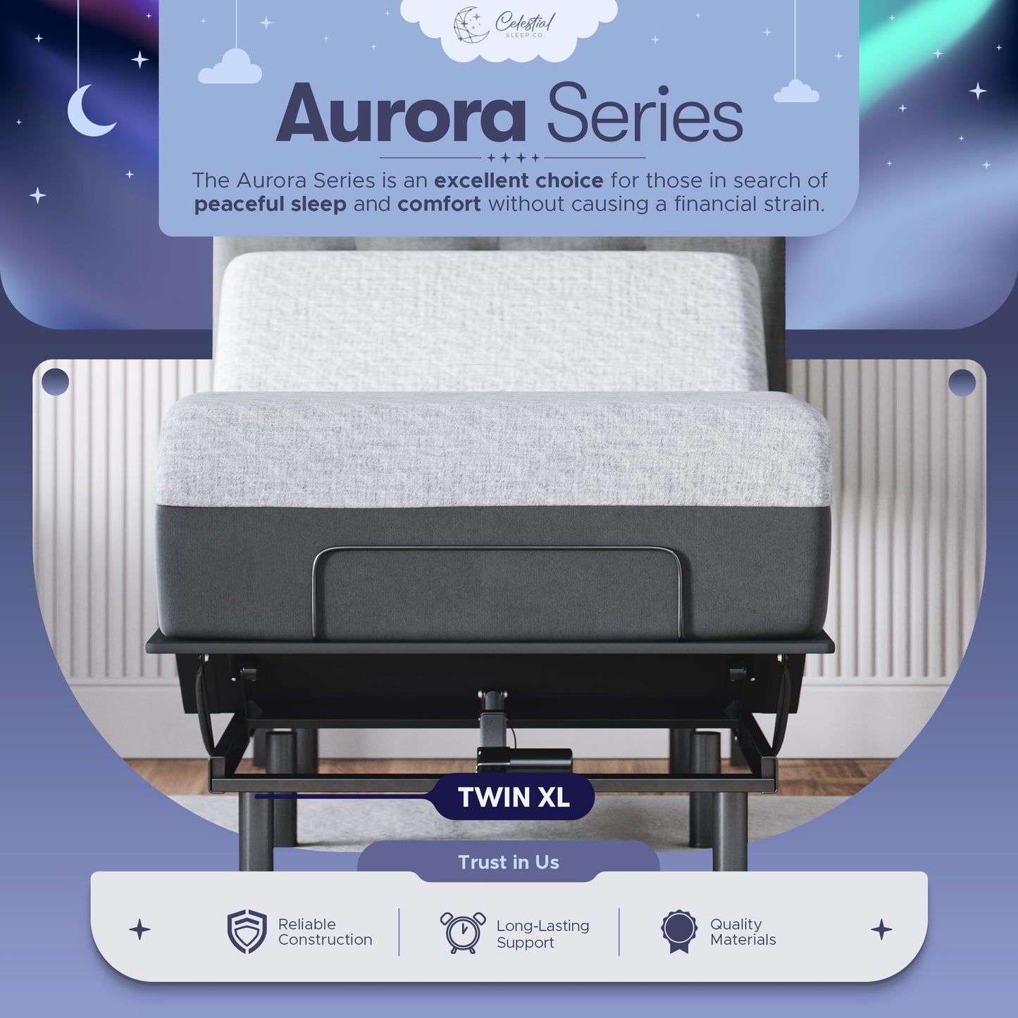 Celestial Aurora Adjustable Bed Base (Frame) + 10 inch Gel Memory Foam Mattress (Medium), Easy Assembly, Head and Foot Lift, Zero Gravity, Memory Positions, CertiPUR-US Bed - TwinXL