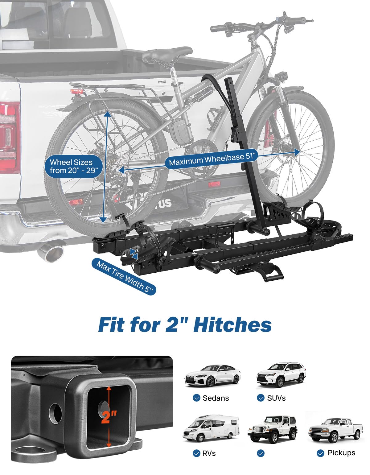 JOYTUTUS Hitch EBike Rack with Ramp for 2 E-Bikes, 200 LBS Capacity Electric Bike Rack for Cars SUVs Trucks, Easy Tilting Foldable Bike Carrier Platform Mount for 2" Receiver, Fits up to 5" Fat Tire