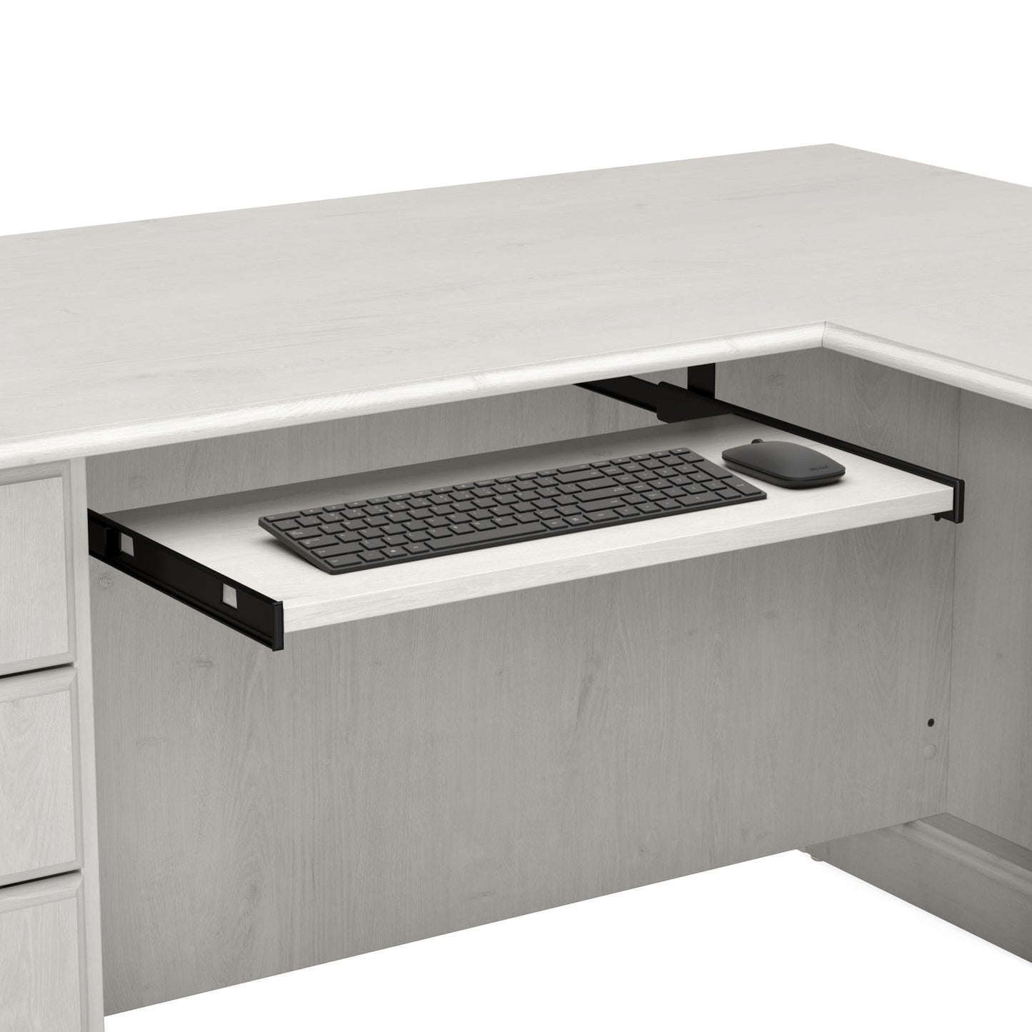 Bush Home Saratoga L Shaped Computer Desk with Drawers and Storage in Linen White Oak | Large Corner Office Table for Workspace