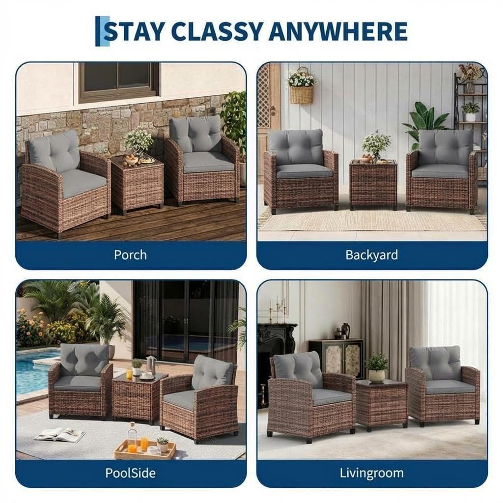 GarveeLife 3 Pieces Patio Furniture Set, PE Rattan Patio Conversation Set with Tempered Glass Tabletop, Outdoor Wicker Chairs and Table Set for Patio Balcony Garden, Brown and Grey