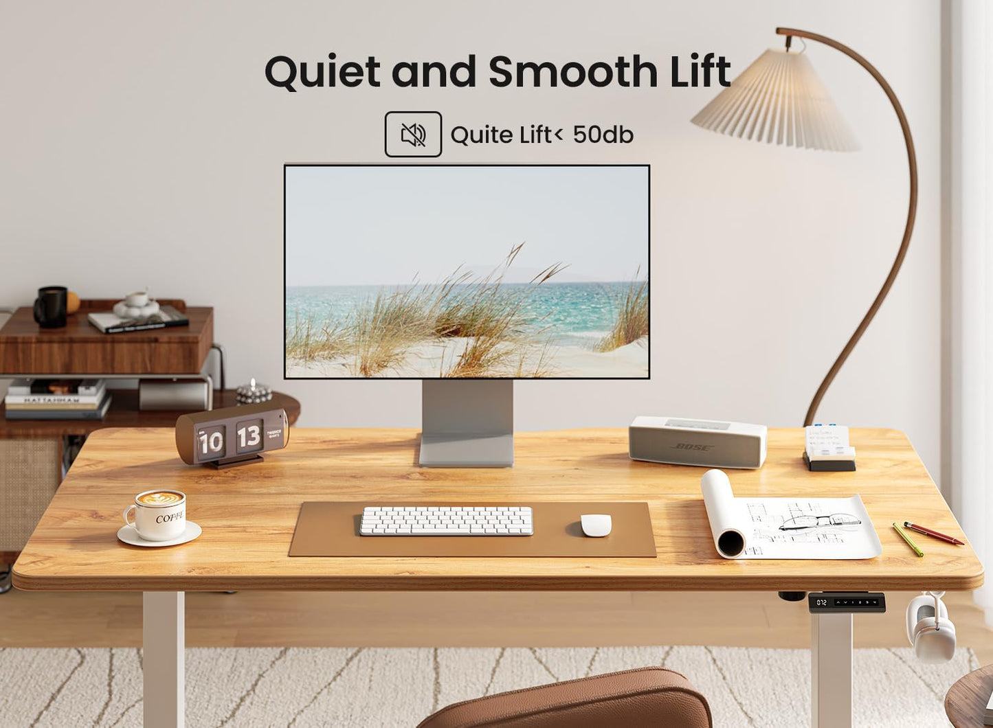 BANTI 55 × 28 Inches Standing Desk, Ergonomic, Electric Height Adjustable, Sit and Stand Up, Computer Desk with a Deeper Desktop, White Frame/Light Rustic Top