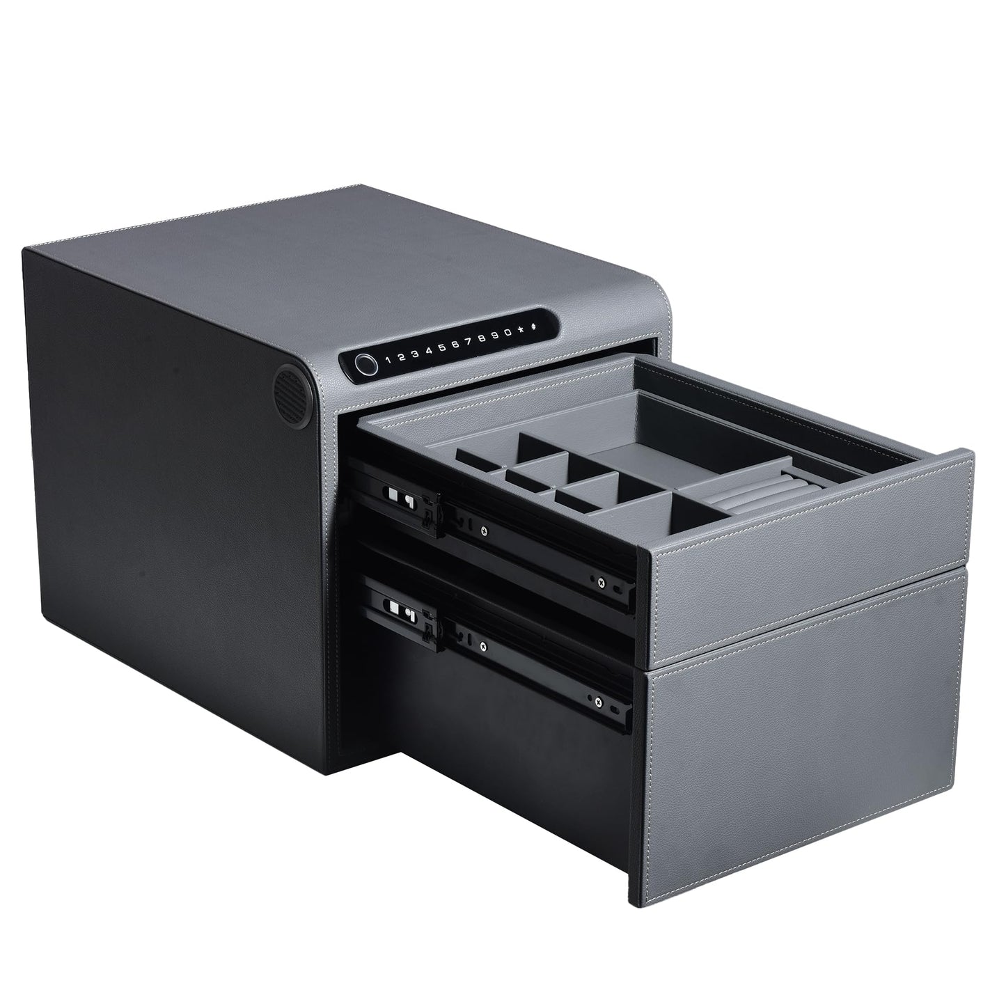 VALINIRT Jewelry Safe with Drawers，Biometric Fingerprint safe, Slide-Away Handgun Safe for Pistols, Leather Wrapped Jewelry Storage Safe, Digital Keypad & Quick-Access Drawer (Grey- 2 Drawer)