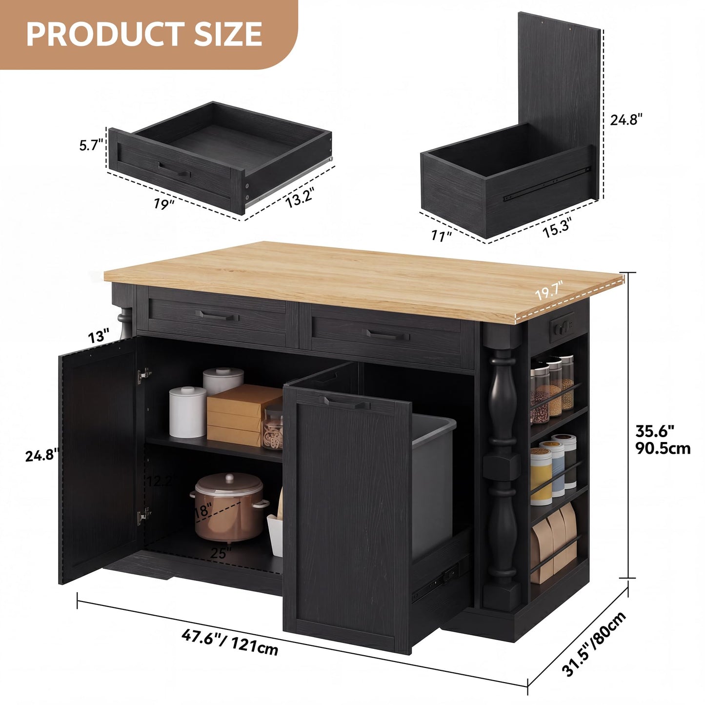 Homiflex Kitchen Island, 47.6"x20" Kitchen Island with Spice Rack & 11.8" Drop Leaf, Coffee Cart on Wheels Breakfast Bar Table Storage & Trash Bin Islands Table with Power Outlet for Dining Room-Black