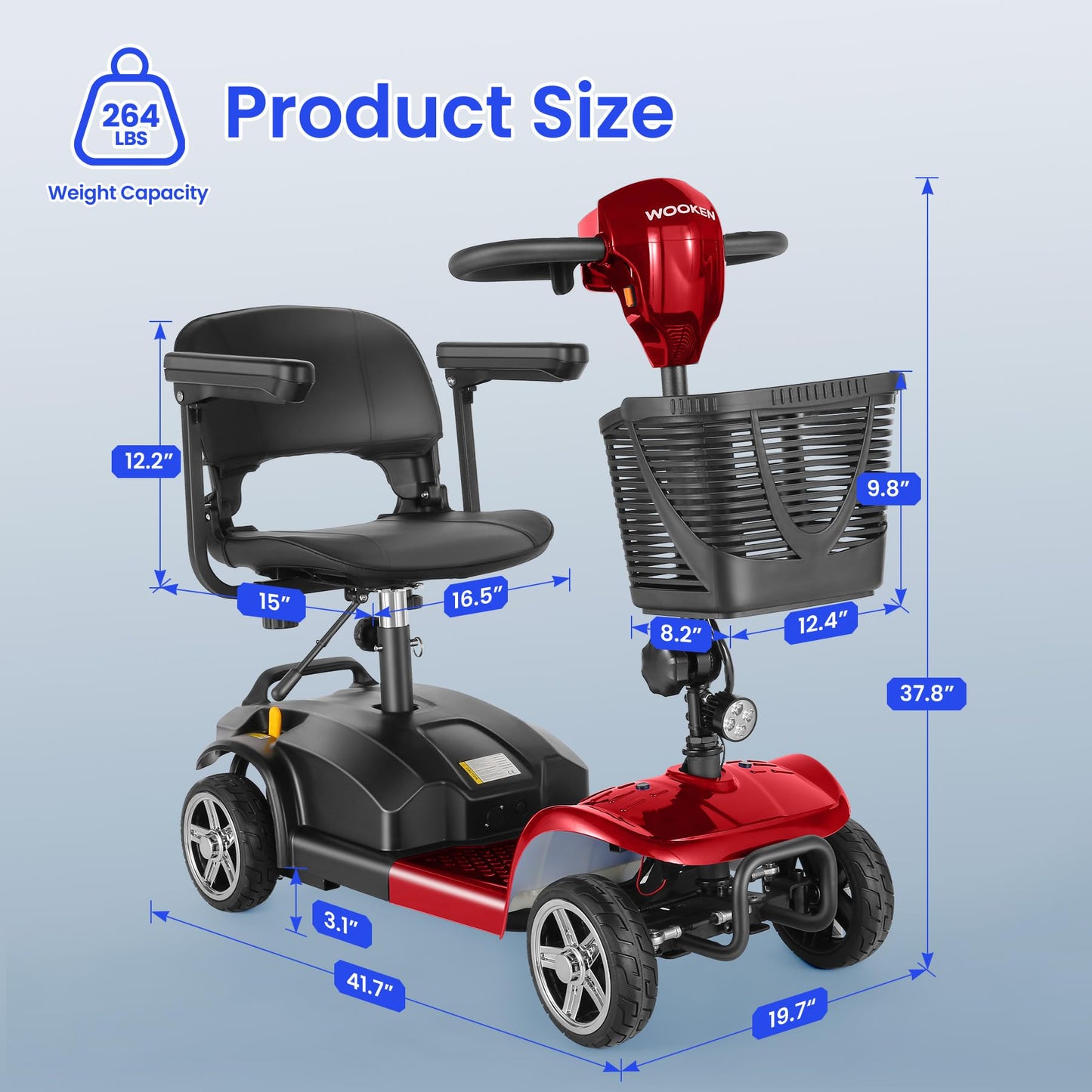 Wooken Mobility Scooters for Seniors, Adults, 4 Wheels Foldable Powered Mobility Scooter 264 lbs All Terrain, Compact Heavy Duty Electric Powered Wheelchair with Seat for Travel, Smart Safety System