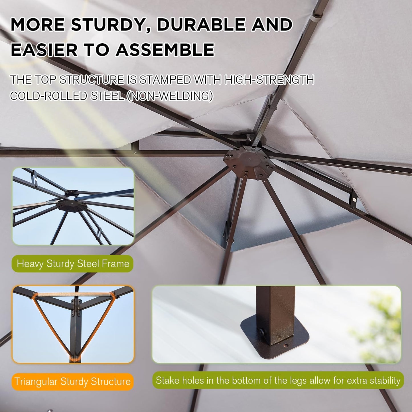 Bezseller 10x12 Outdoor Patio Gazebo with Powder-Coated Metal Frame - Stable Double-Tier Canopy with Zip Mesh Sidewalls for Backyard Dining & Entertaining, Grey