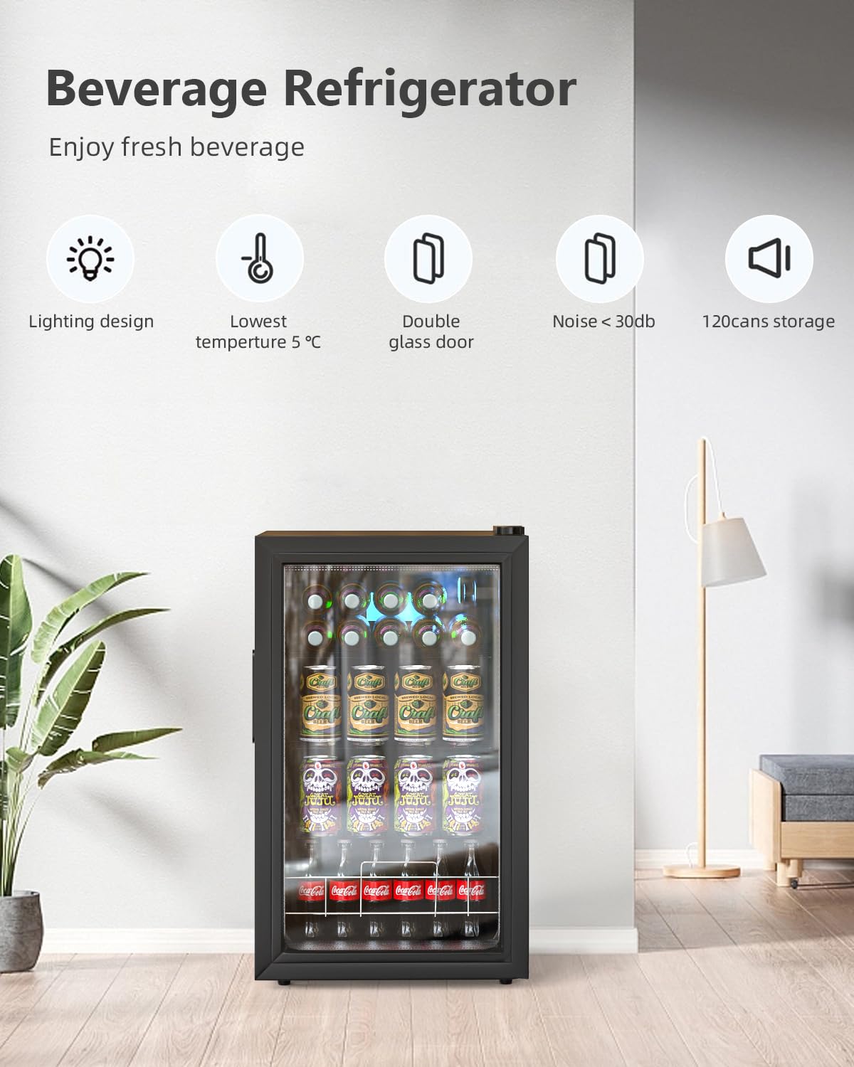 Geekman Beverage Refrigerator Cooler, 120 Cans Freestanding Beverage Fridge with Double-layer Glass Door， Mini Fridge Beverage with Adjustable Removable Shelving, Perfect for Beer, Wine, Soda and more