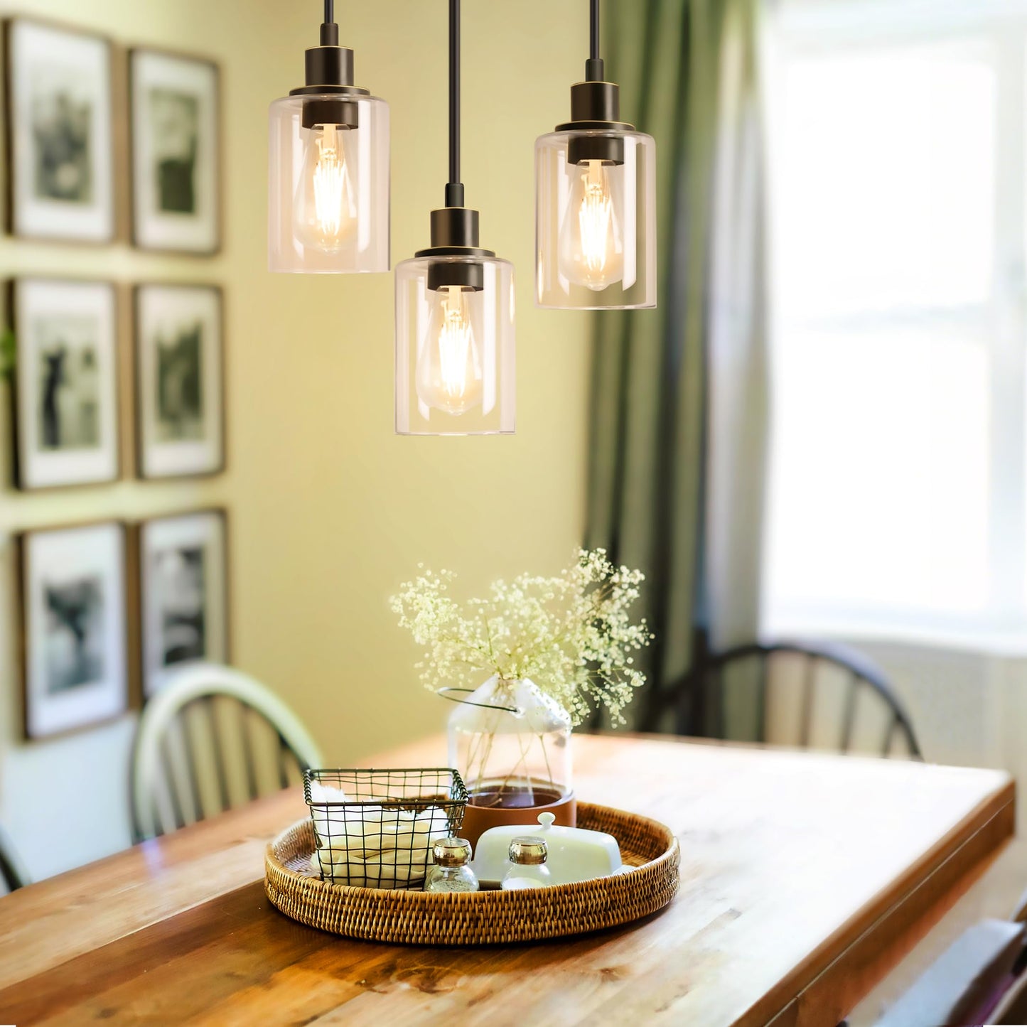 MAXvolador 3-Light Pendant Light Fixture, Adjustable Clear Glass Shade, E26 Base, Oil-Rubbed Bronze