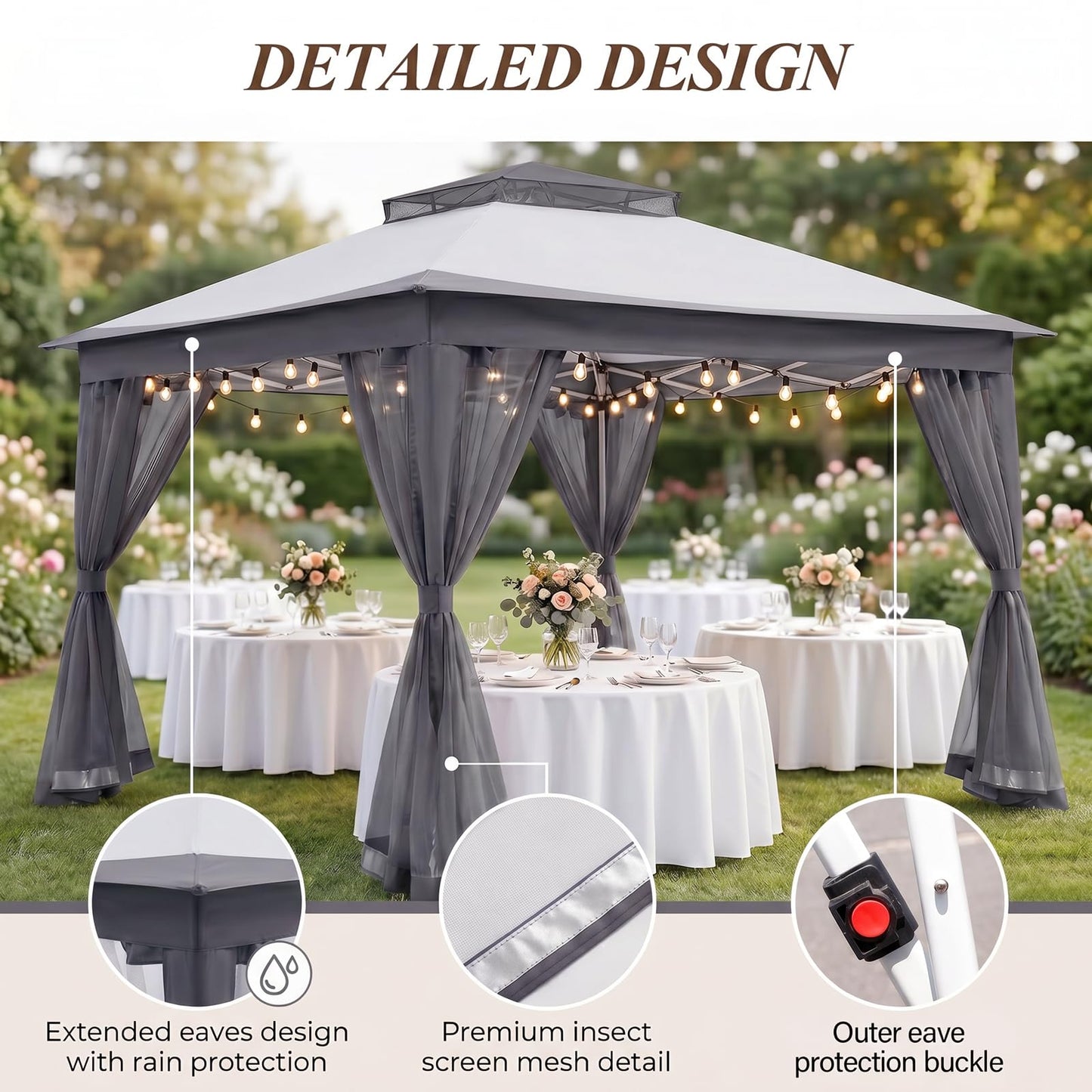 11x11 Pop Up Gazebo, Instant Waterproof Outdoor Canopy Tent with Removable Mesh Netting, UV Protection Portable Sun Shelter with Wheeled Cover Bag for Patio Backyard, Gray
