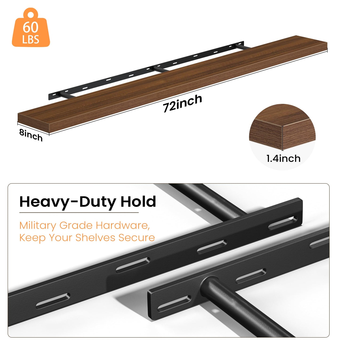 Fun Memories 72 Inch Floating Shelves - Fireplace Mantel Shelf - Deep Wall Mounted Wood Storage Shelf for Bedroom, Kitchen, Farmhouse - 2 Pack, Walnut