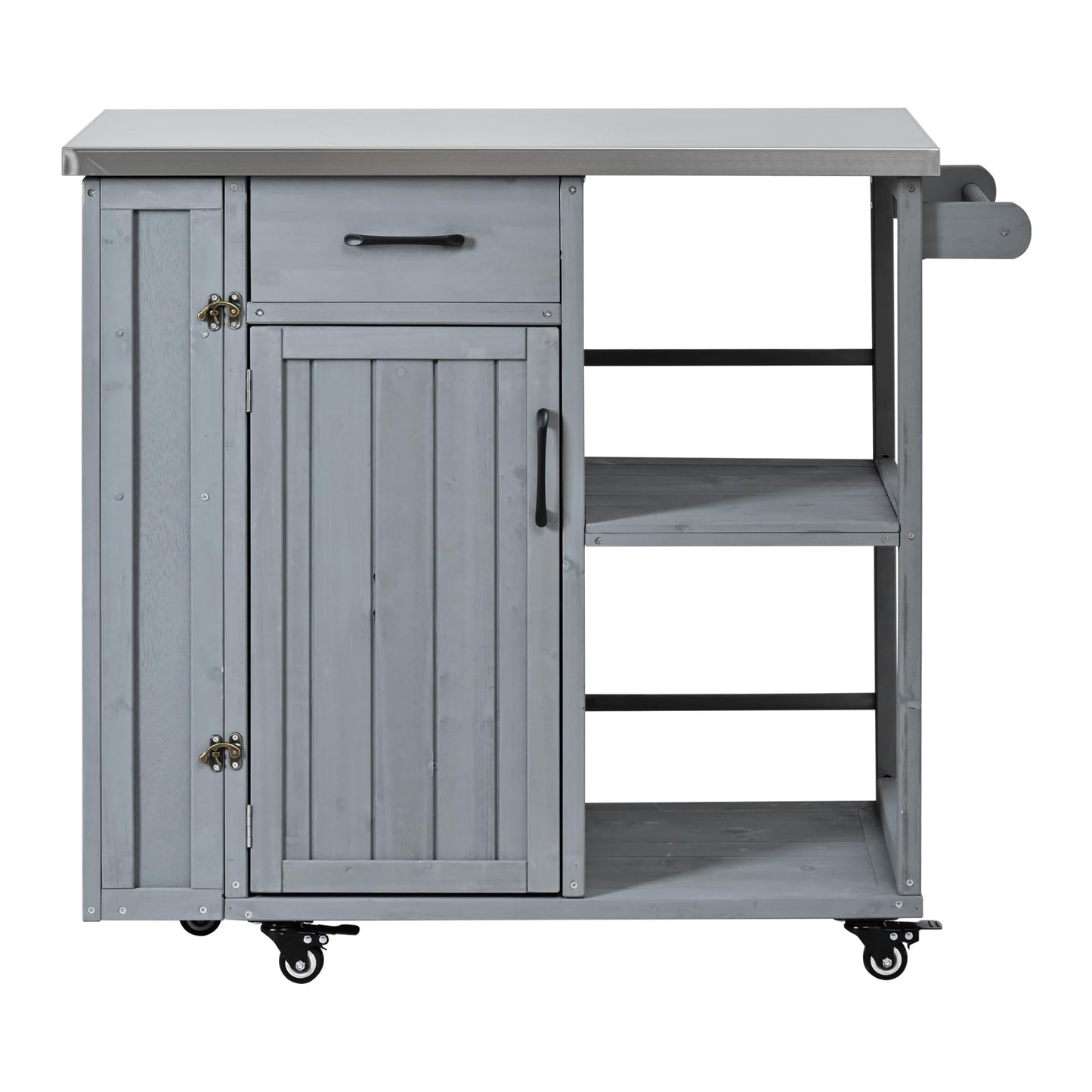 Outdoor Kitchen Island Cart with Stainless Steel Top, Rolling Grill Table with Storage Cabinet Drawer Shelves and Towel Rack, Wooden BBQ Prep Station with Lockable Wheels for Patio Backyard, Grey